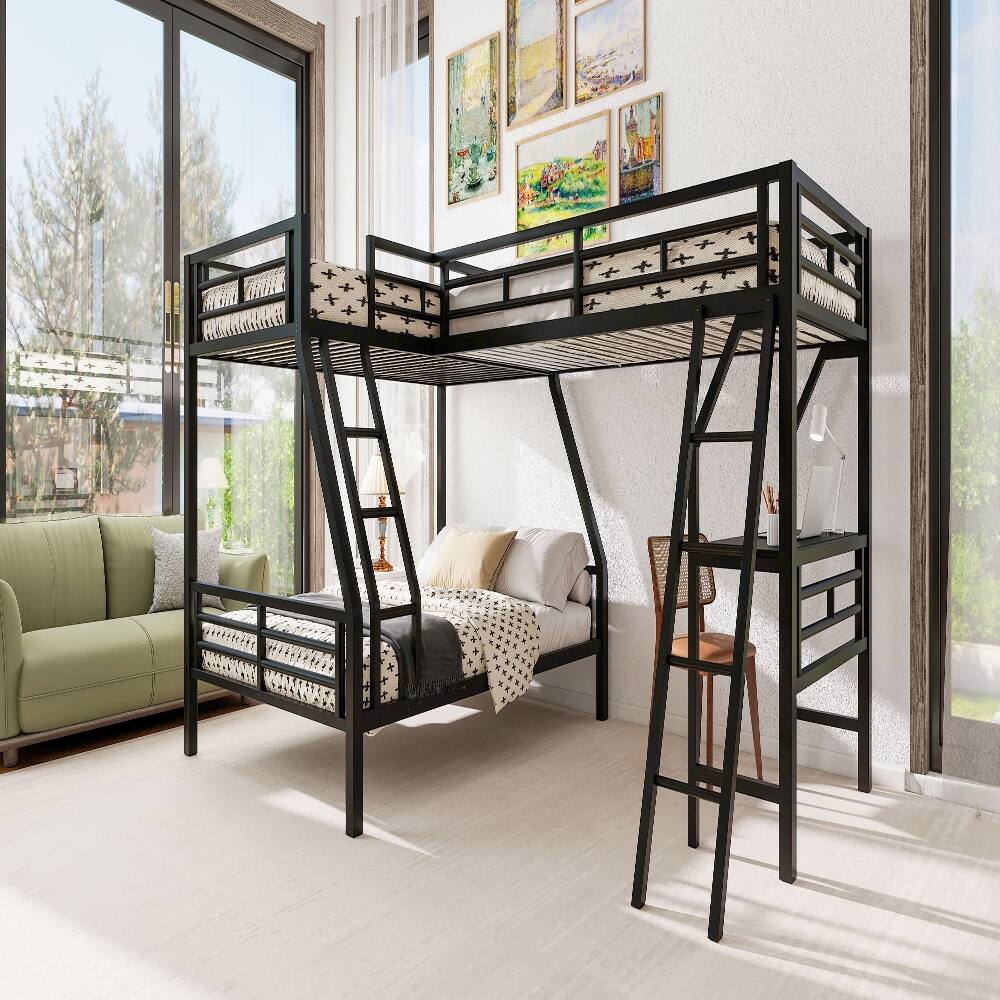Alt View 6. Loheer - Loheer Twin Over Full Bunk Bed with Desk Black Metal L-Shaped Triple Loft Bed - Black.