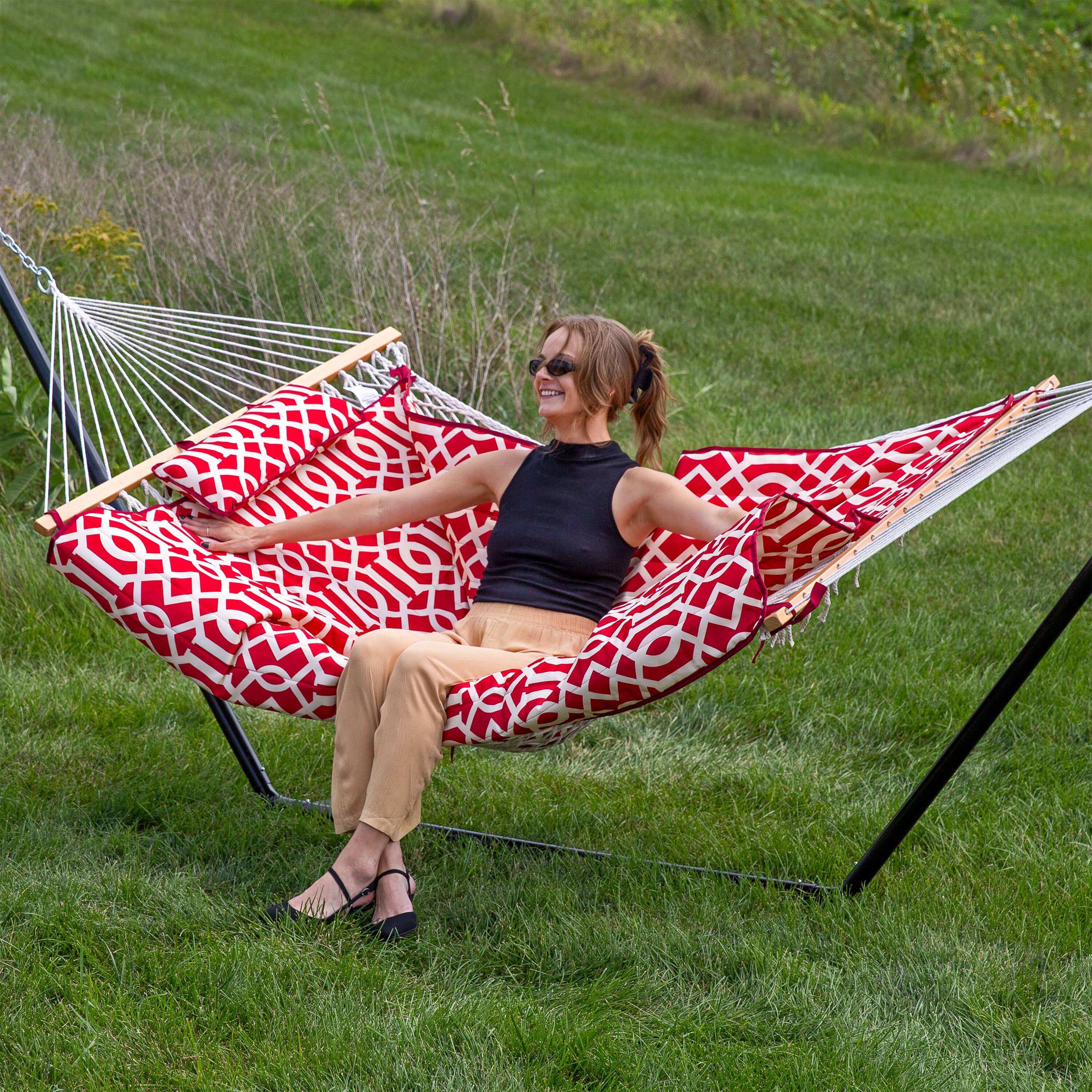 Alt View 9. Sunnydaze - 2-Person Rope Hammock with Steel Stand and Pad/Pillow - Royal Red.