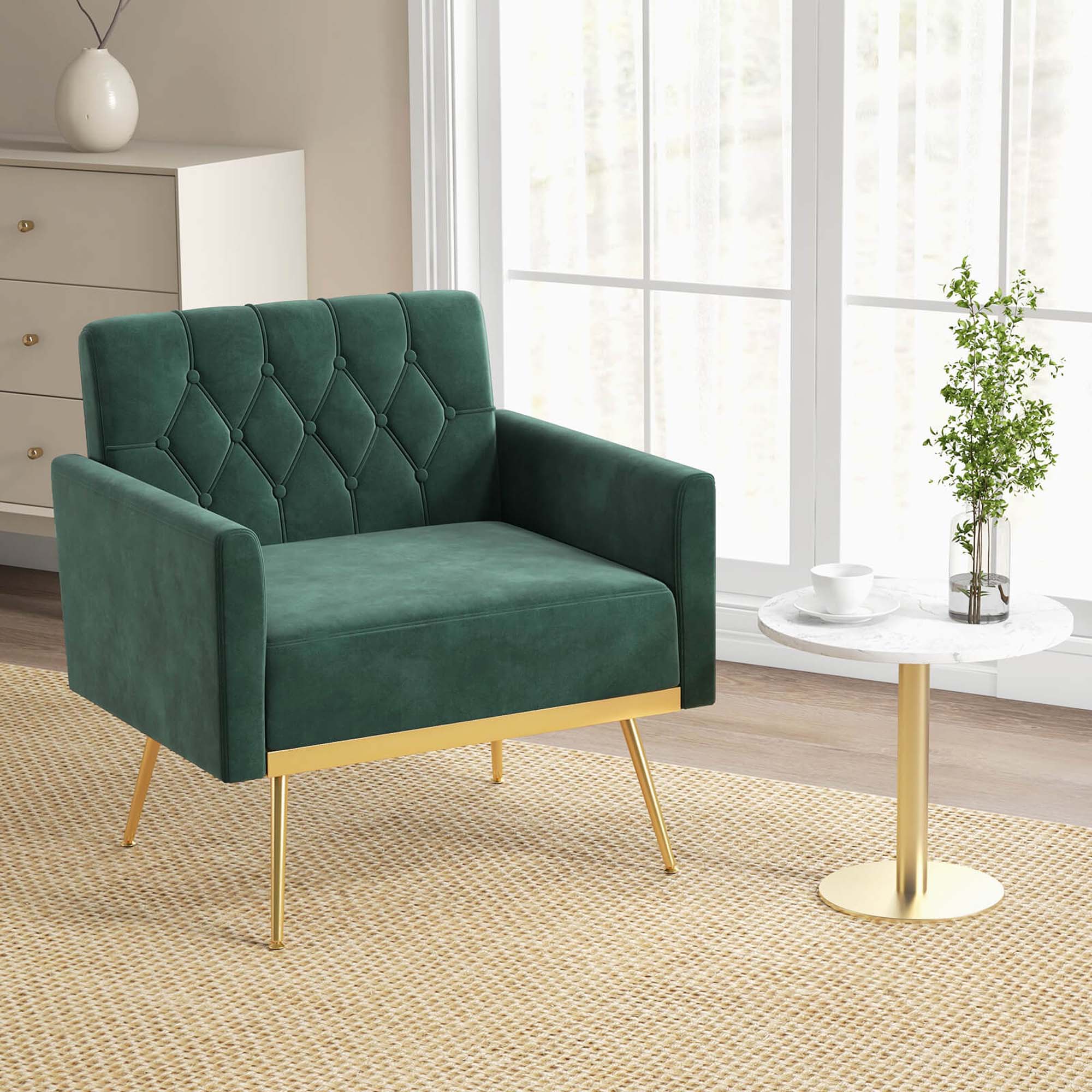 Angle. Costway - Modern Velvet Button Tufted Back Accent Chair with Golden Metal Legs and Foot Pads - Dark Green.