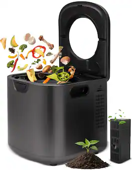 NutriChef - NCCMP4LGY 4 Quart Electric Kitchen Composter, Smart Countertop Bin, Odorless Carbon Filters, Gray - Black