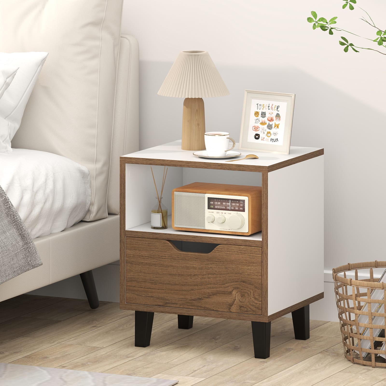 Gymax - Nightstand Mid Century Modern Bedside Table w/ Drawer Open storage Shelf - Natural, White