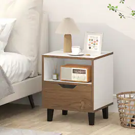 Gymax - Nightstand Mid Century Modern Bedside Table w/ Drawer Open storage Shelf - Natural, White
