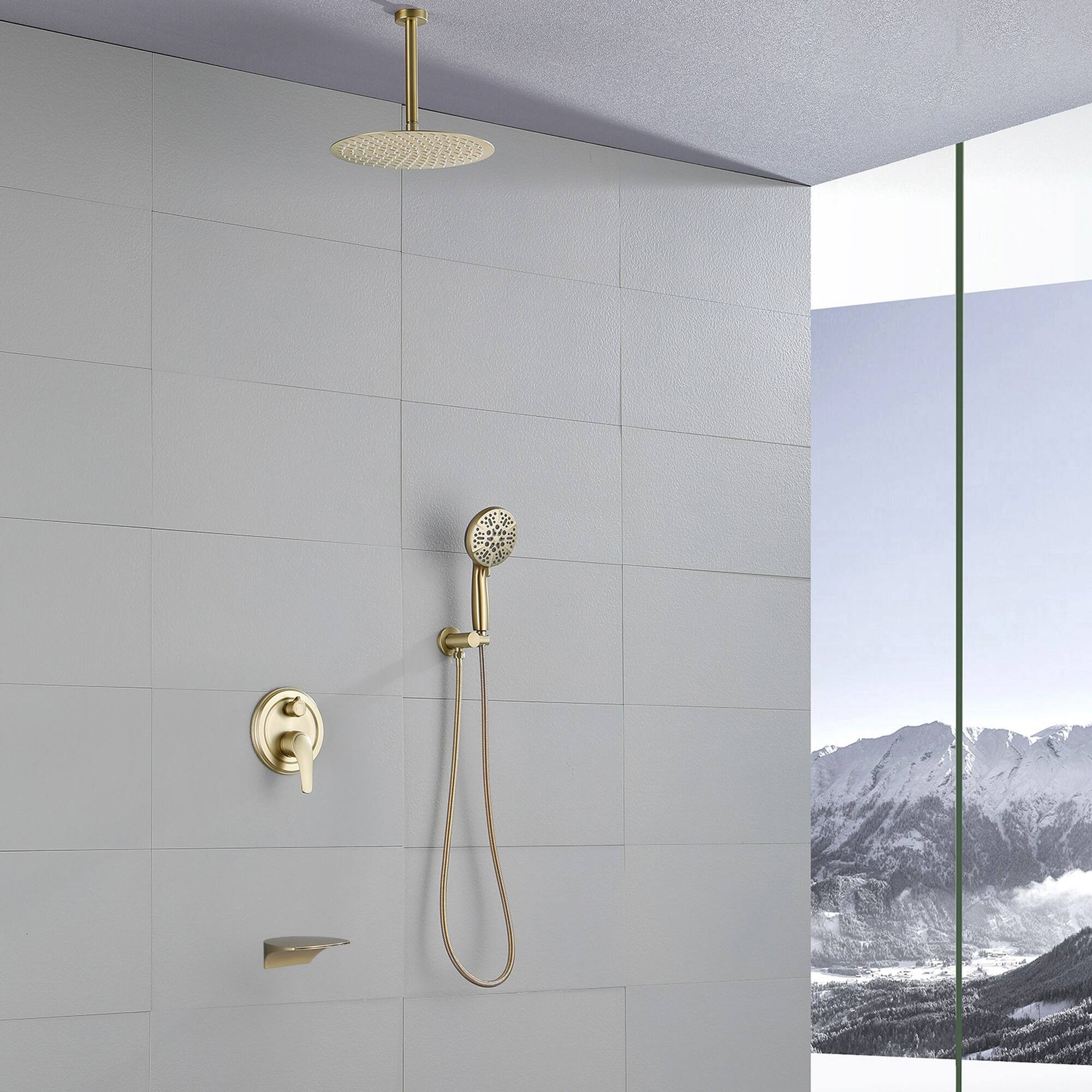 Alt View 1. Boyel Living - Brushed Gold 12-Inch Rain Shower System Brass SUS304 3-Function Valve 7-Function Handheld cUPC - Brushed Gold.