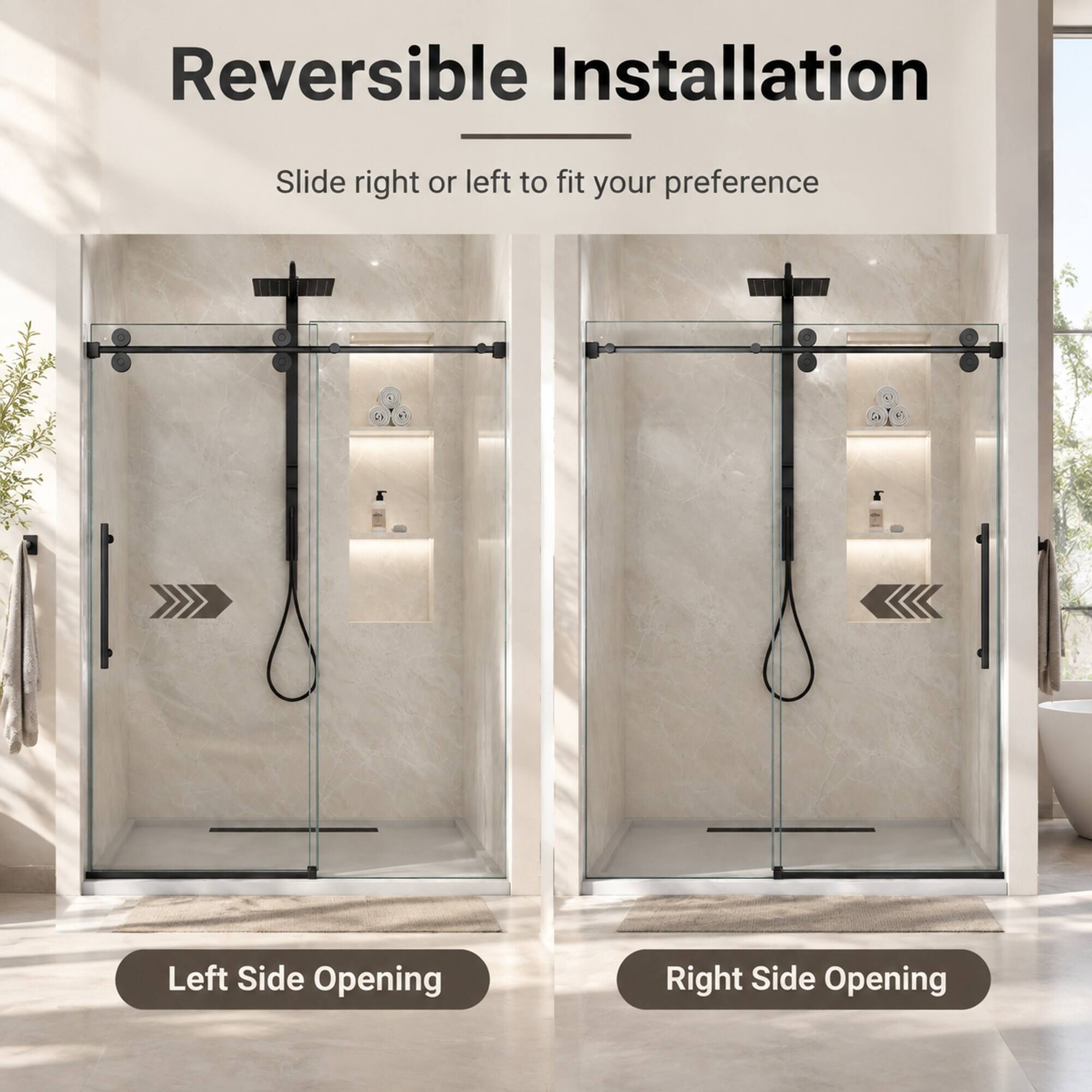 Reversible Installation  
Slide right or left to fit your preference  
Left Side Opening  
Right Side Opening