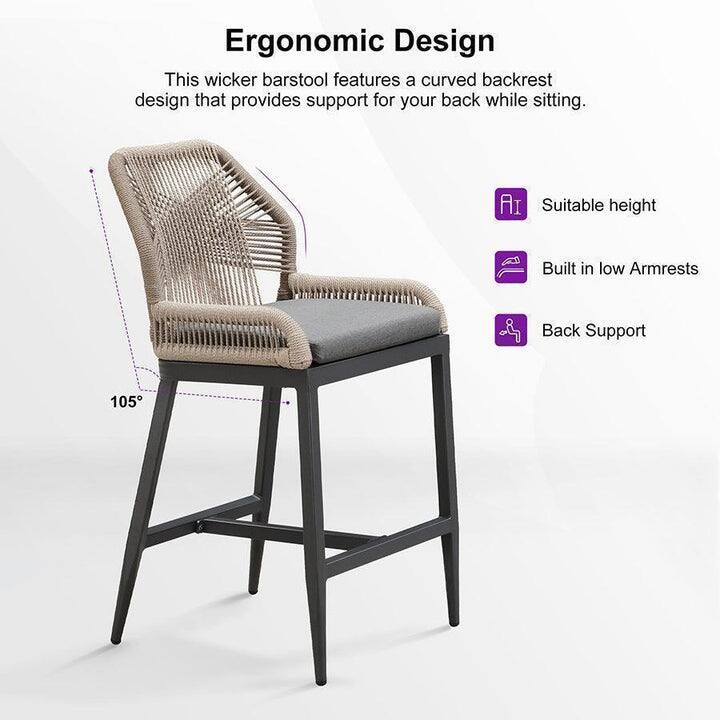 Ergonomic Design

This wicker barstool features a curved backrest design that provides support for your back while sitting.

- Suitable height
- Built in low Armrests
- Back Support

105°