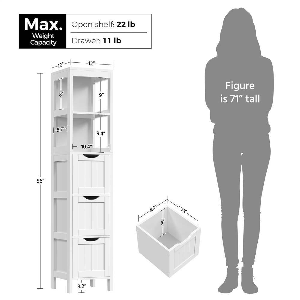 Max. Weight Capacity  
Open shelf: 22 lb  
Drawer: 11 lb  

Figure is 71" tall  

Dimensions:  
- Height: 56"  
- Width: 12"  
- Depth: 12"  
- Shelf depth: 9"  
- Shelf height: 8"  
- Shelf height: 9.4"  
- Shelf height: 10.4"  
- Drawer height: 8.7"  
- Drawer height: 9.4"  
- Drawer height: 10.4"  
- Drawer height: 10.2"  
- Drawer height: 9.3"  
- Drawer height: 9"  
- Drawer height: 3.2"  
- Drawer height: 3.2"