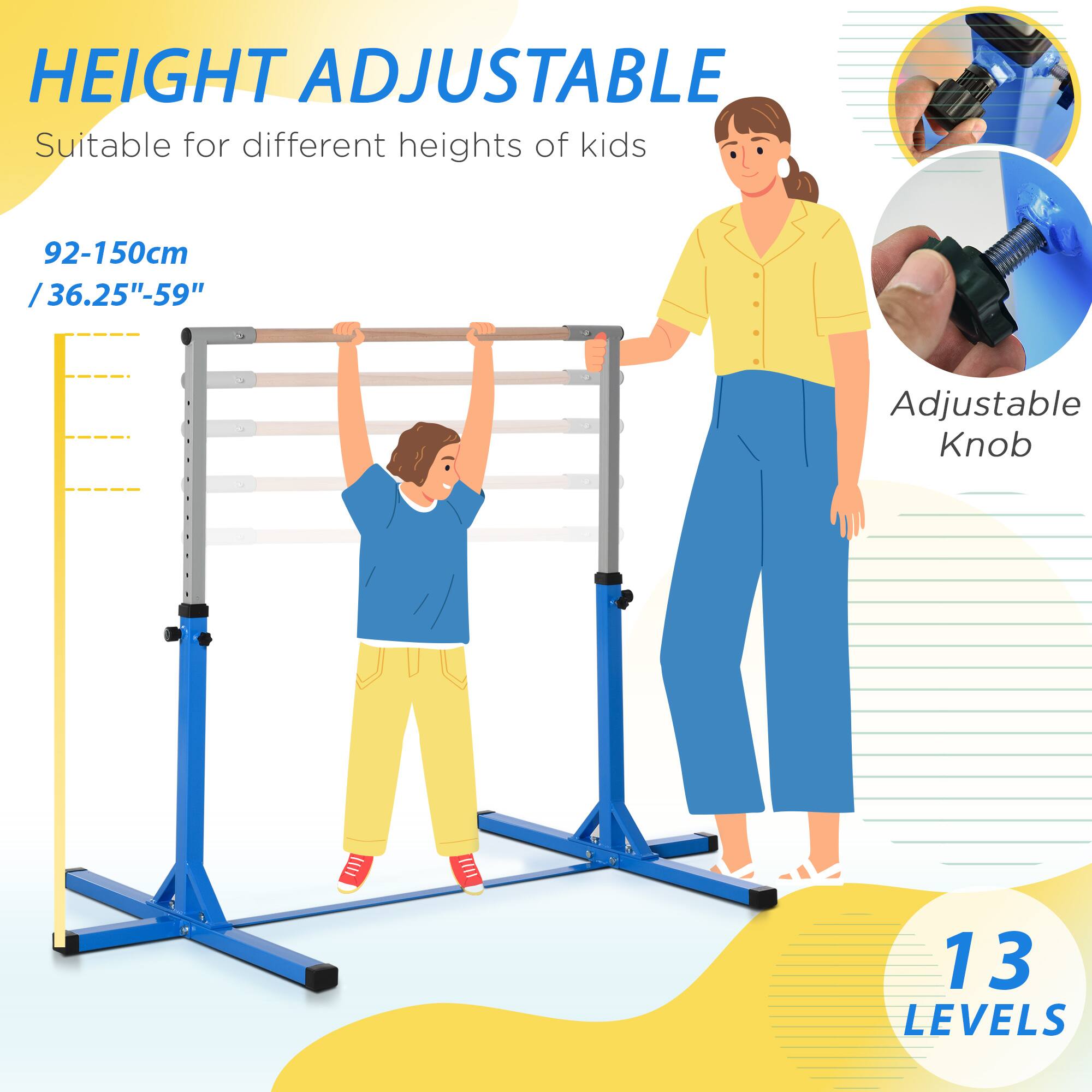 HEIGHT ADJUSTABLE  
Suitable for different heights of kids  

92-150cm / 36.25"-59"  

Adjustable Knob  

13 LEVELS