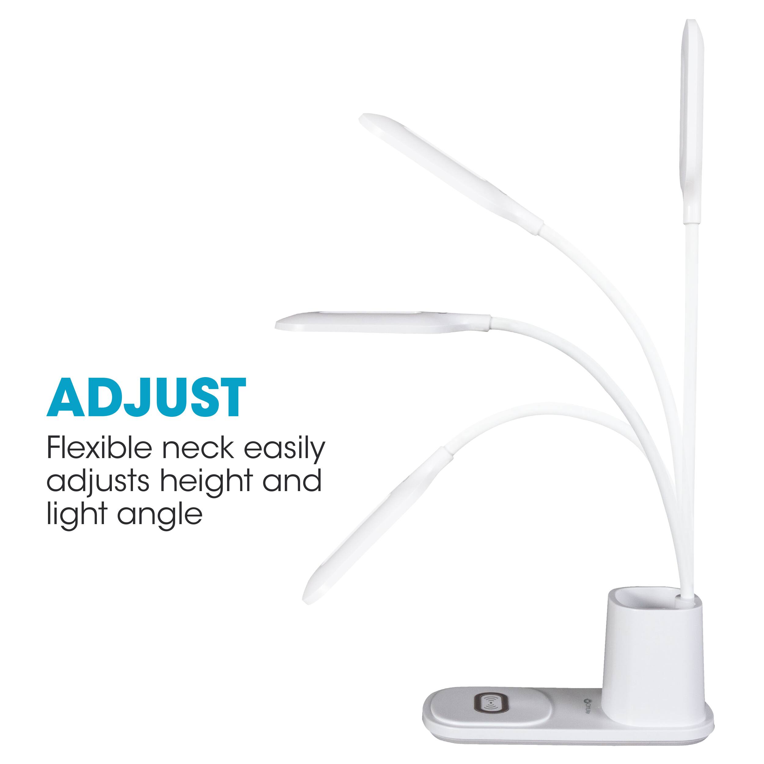 The text on the image reads: "ADJUST Flexible neck easily adjusts height and light angle."
