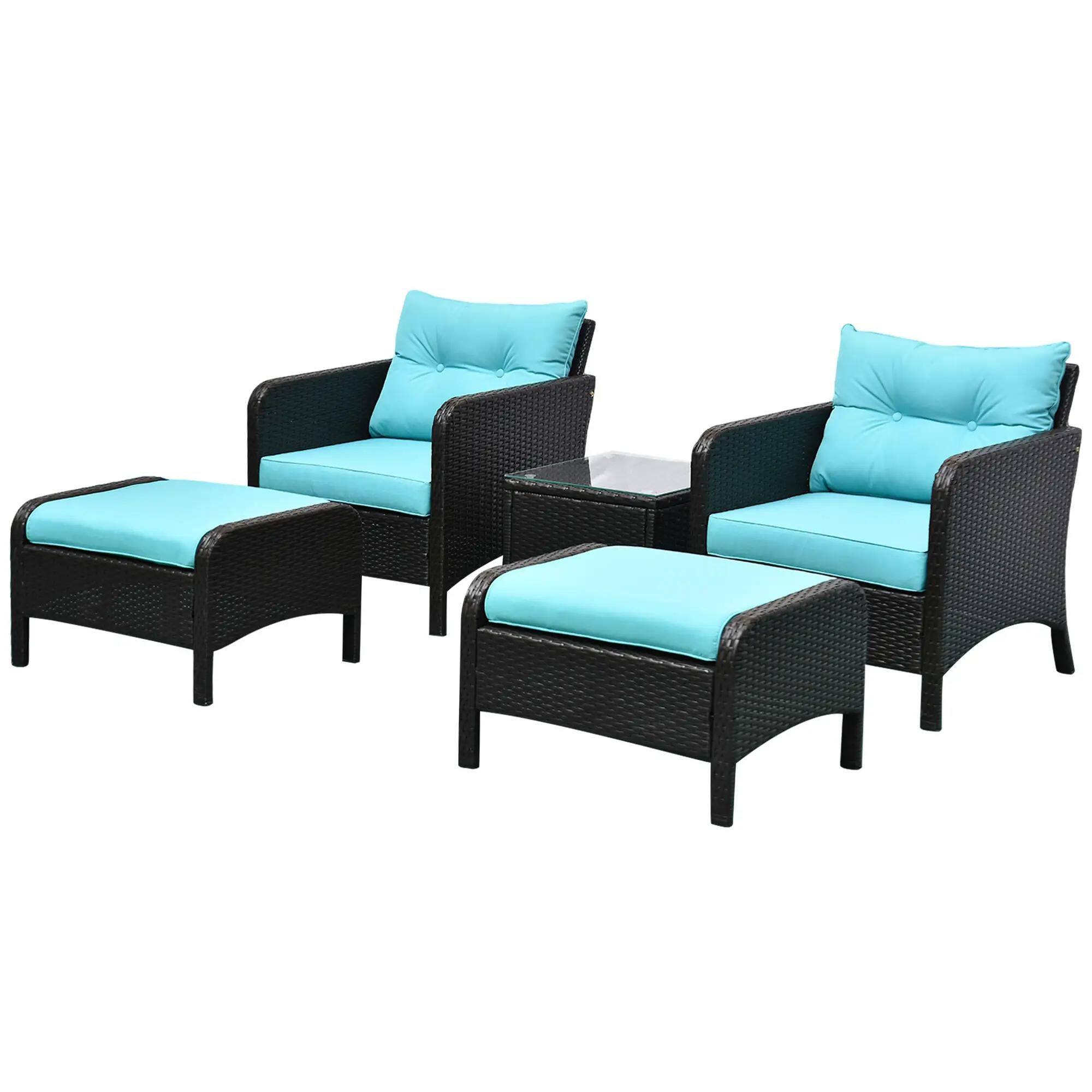 Angle. Resenkos - Resenkos 5 Pieces Wicker Lounge Chair Outdoor Patio Conversation Set, PE Rattan, Blue - Blue.