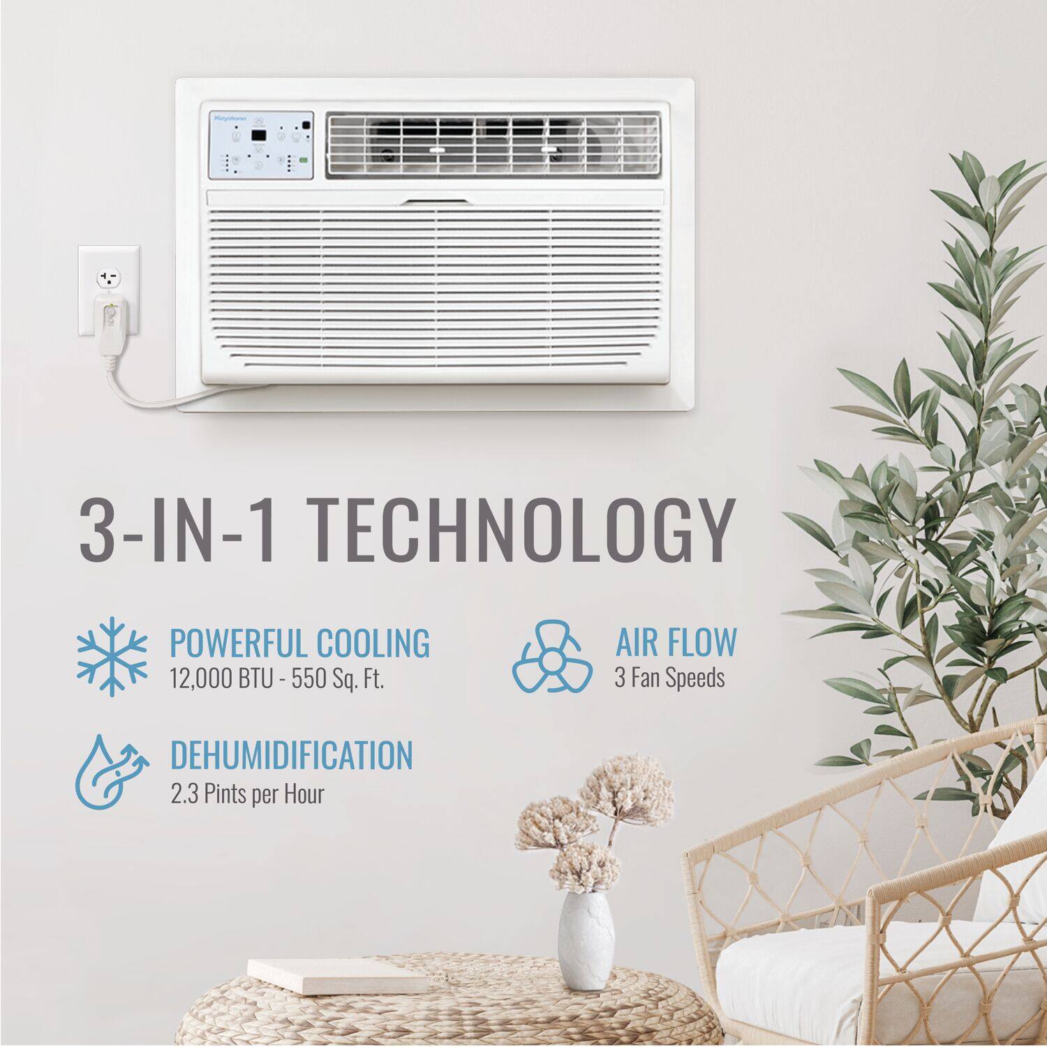 3-in-1 Technology: Powerful Cooling (12,000 BTU - 550 Sq. Ft.), Air Flow (3 Fan Speeds), Dehumidification (2.3 Pints per Hour).