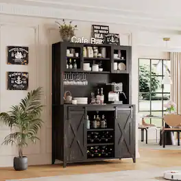 Jojoka - 70" Wine & Coffee Bar Cabinet, Pantry Cabinet with Hutch, Sliding Barn Doors, Wine Racks & Glass Holders - Dark Oak