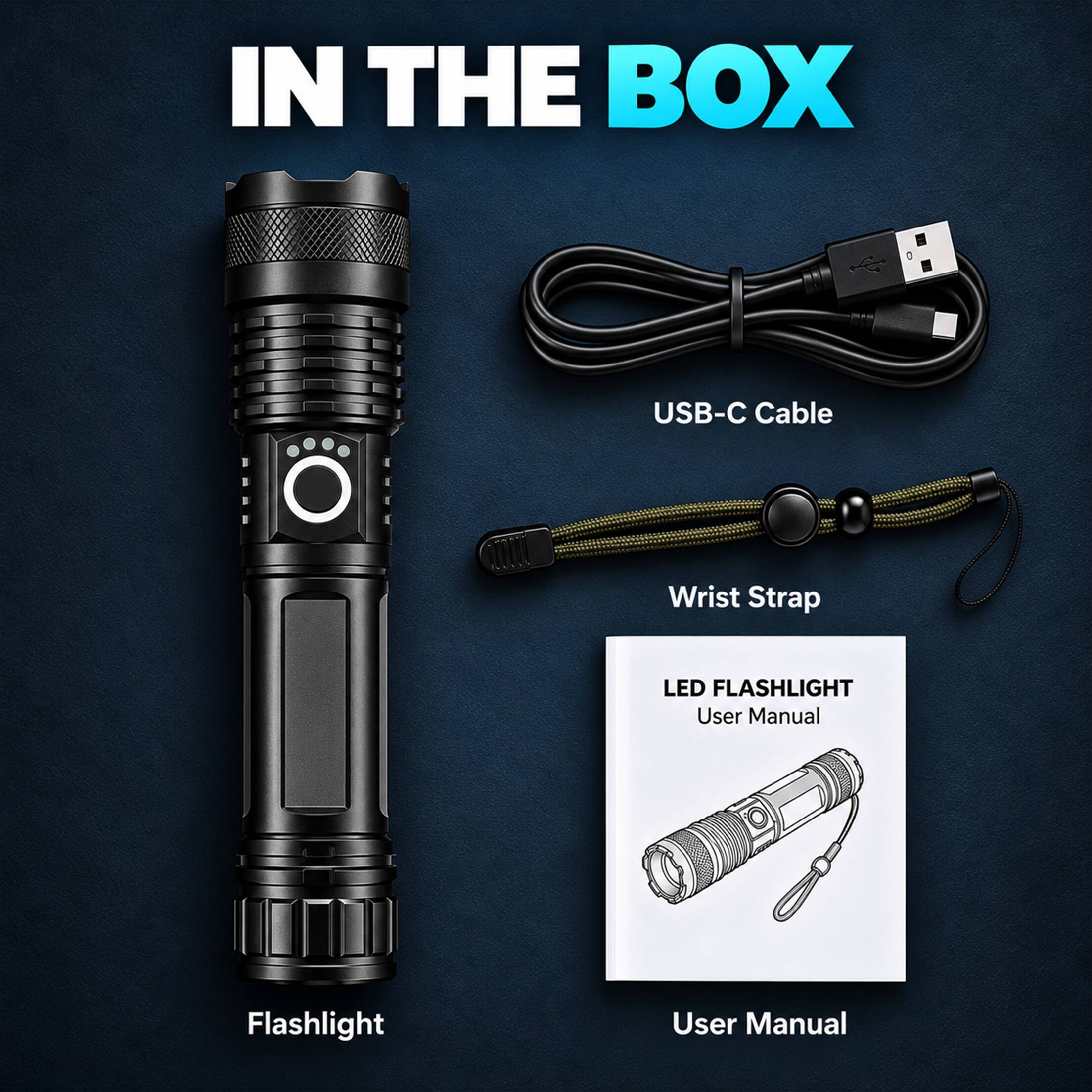 IN THE BOX

- USB-C Cable
- Wrist Strap
- LED FLASHLIGHT User Manual
- Flashlight