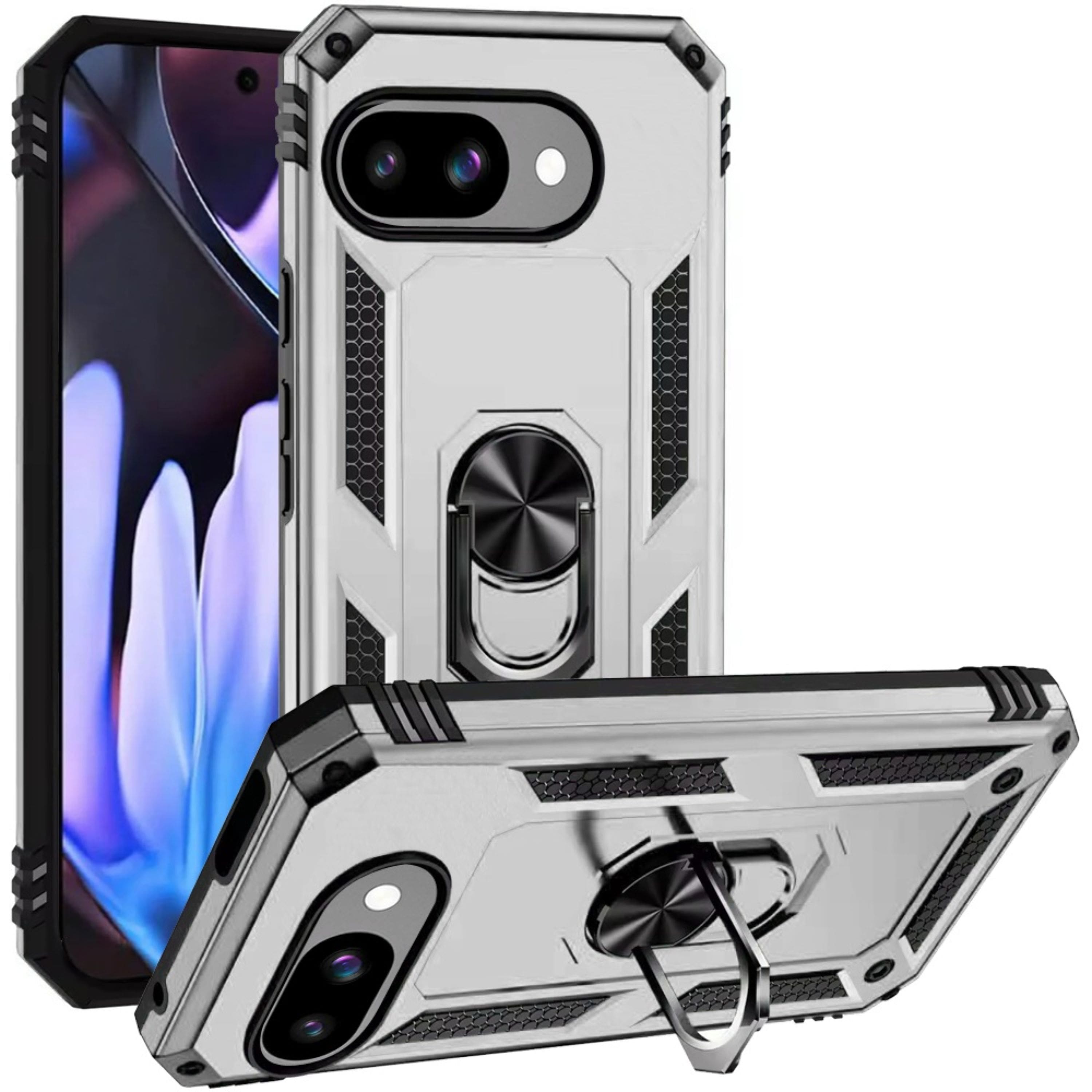 Kitcheniva - Heavy-Duty Ring Holder Magnetic Kickstand Case With Tempered Glass For Google Pixel 9a - Silver price history on PriceWatchPro