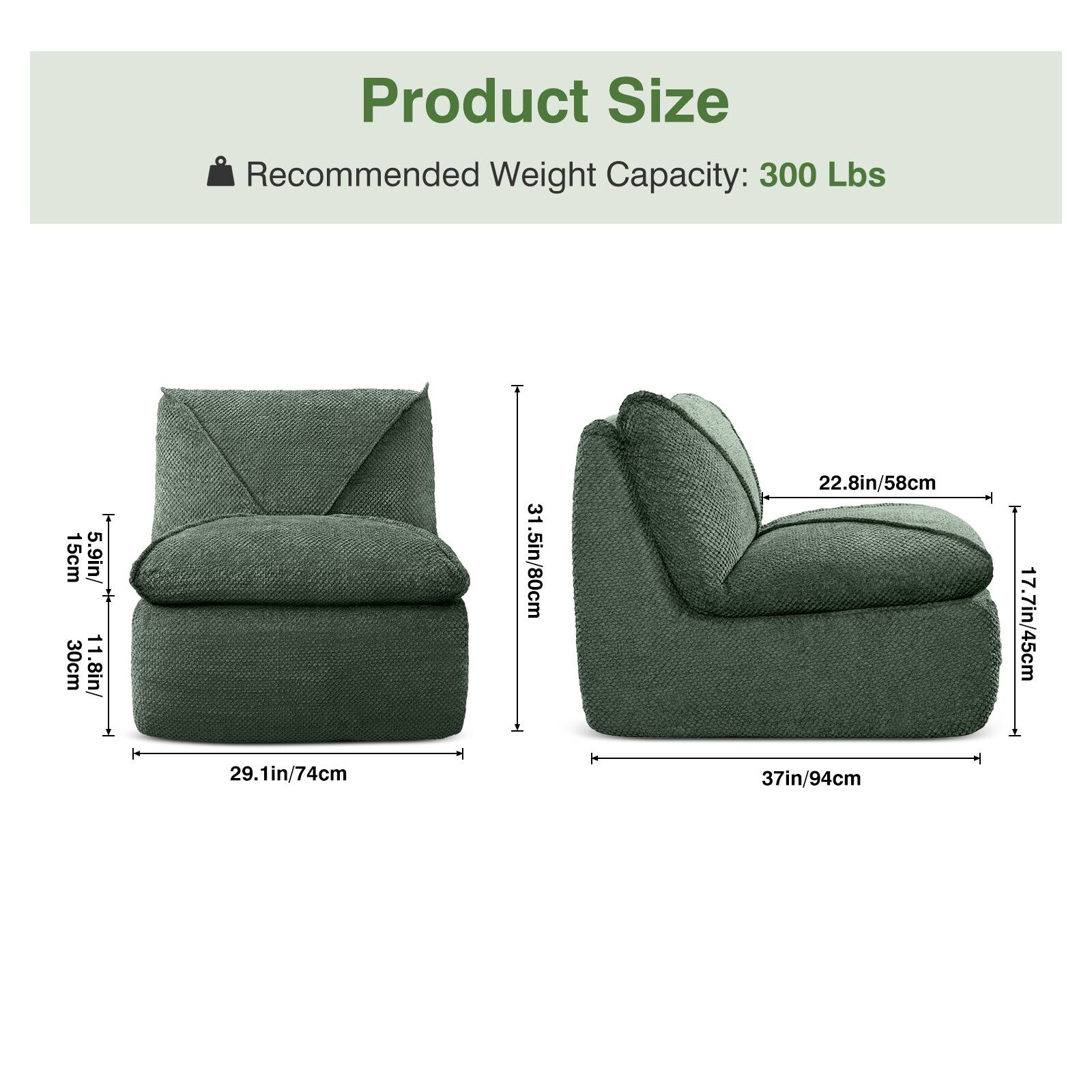 Product Size  
Recommended Weight Capacity: 300 Lbs  

- 15cm / 5.9in  
- 30cm / 11.8in  
- 80cm / 31.5in  
- 22.8in / 58cm  
- 29.1in / 74cm  
- 37in / 94cm  

- 11.5in / 29.2cm  
- 31.5in / 80cm  
- 22.8in / 58cm  
- 17.7in / 45cm  
- 37in / 94cm