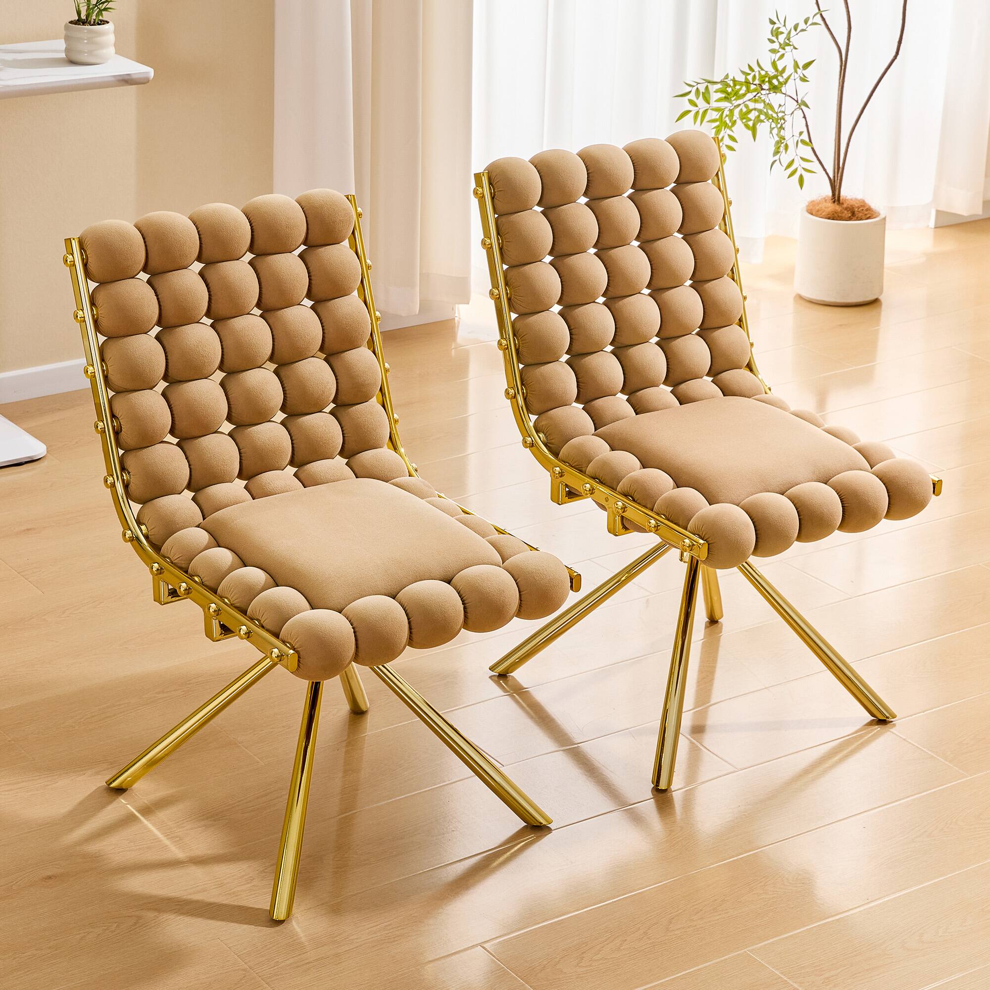 Angle. Loheer - Loheer Swivel Dining Chair Tufted Upholstered Armless Accent Chair for Dining Room Home Office, Gold Legs, 1.63 ft - Brown,Gold.
