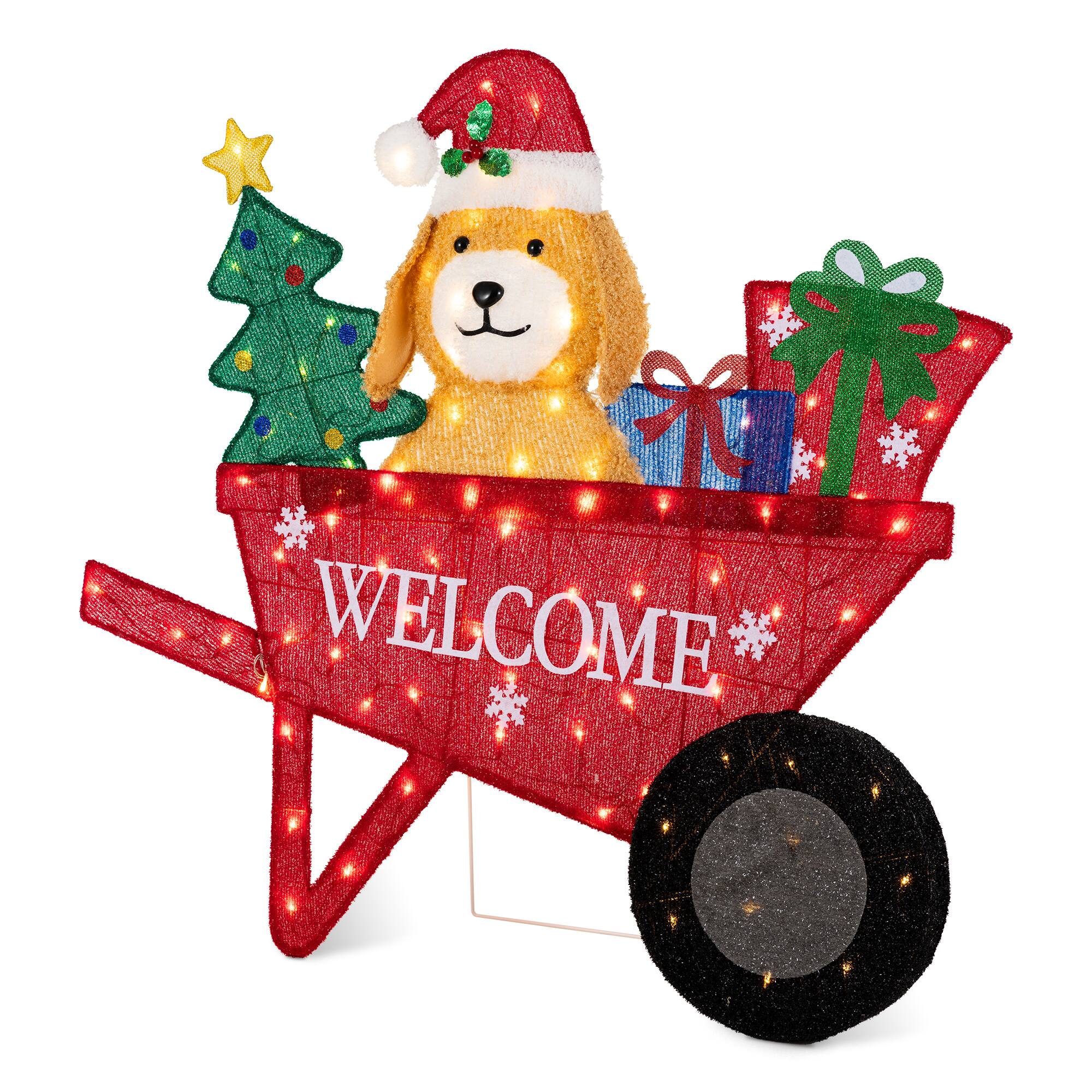 Angle. Glitzhome - 39.75"L Christmas 2.5D Fabric Labrador Wheel Barrow with 90 LED Lights - Multi-Colored.