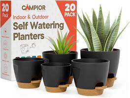 Campior - Self-Watering Pots 20-Pack – Indoor/Outdoor Planters with Wick Rope, Drain Holes, Easy Fill Lip - Black