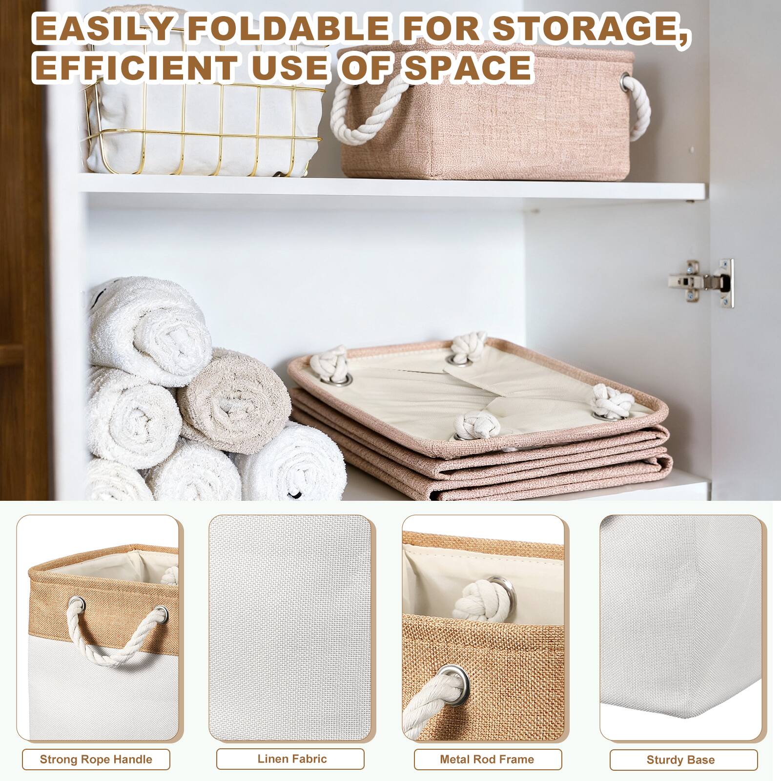 EASILY FOLDABLE FOR STORAGE, EFFICIENT USE OF SPACE

Strong Rope Handle
Linen Fabric
Metal Rod Frame
Sturdy Base
