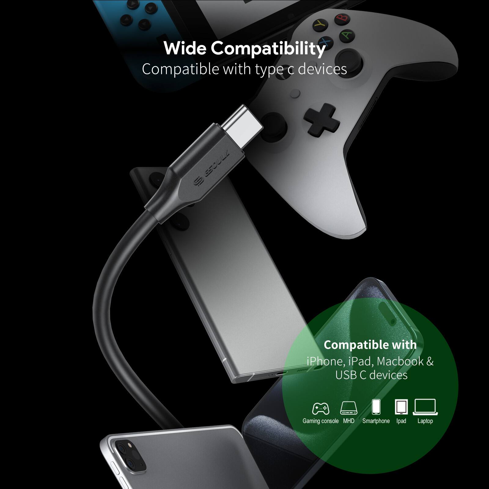Wide Compatibility  
Compatible with type c devices  

Compatible with iPhone, iPad, Macbook & USB C devices  

Gaming console  
MHD  
Smartphone  
iPad  
Laptop