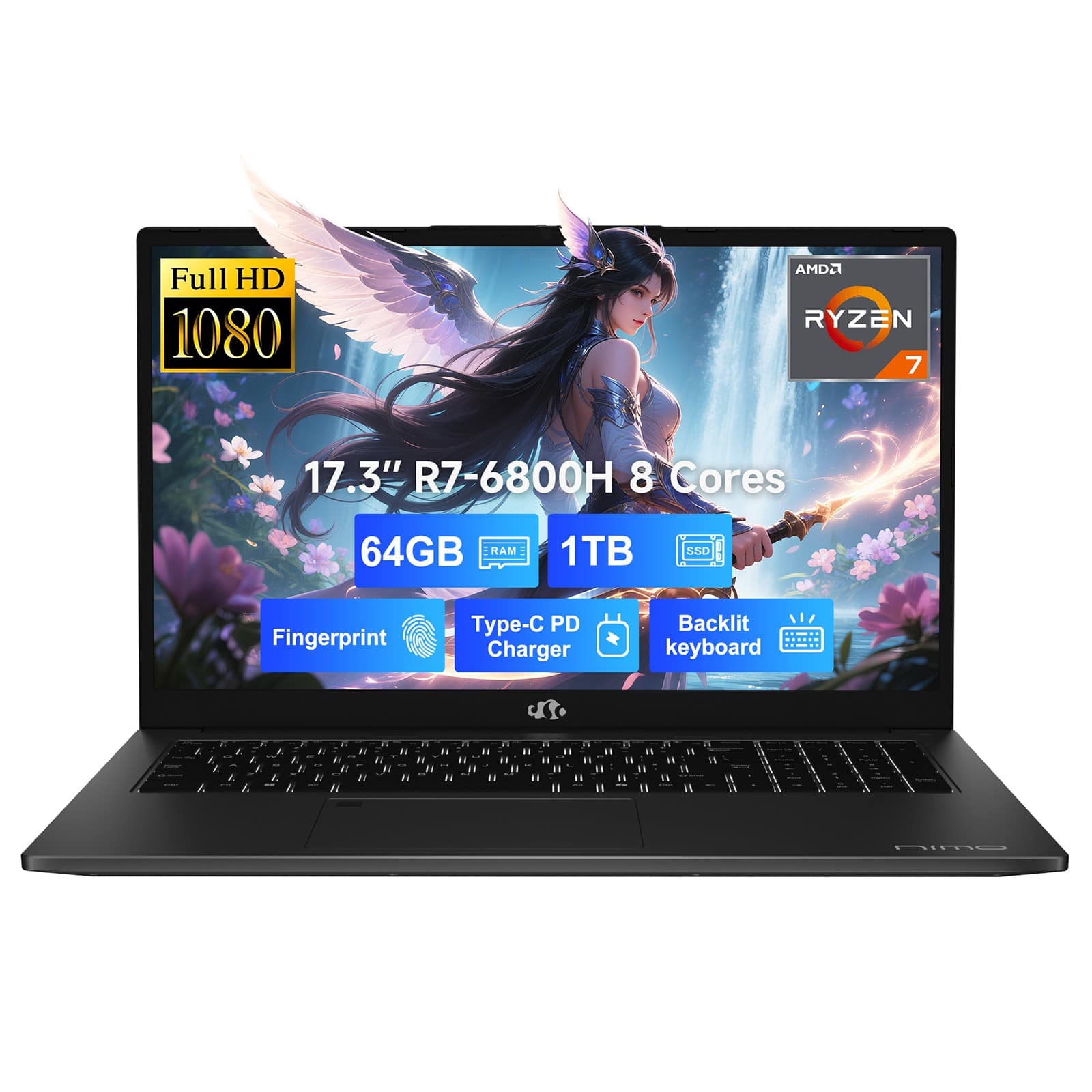 NIMO - 17.3" IPS FHD-Gaming-Laptop, 8 Cores AMD Ryzen 7 6800H 64GB DDR5 RAM 1TB SSD 4.7GHz Fingerprint 100W - Black