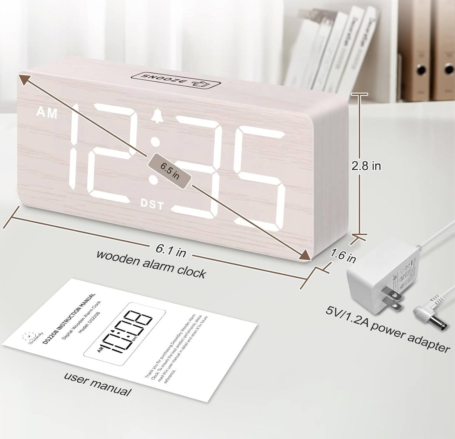 SNOOZE AM 12:35 DST  
6.5 in  
2.8 in  
6.1 in  
1.6 in  
wooden alarm clock  
MANUAL  
Clock Harm ROZESO  
5V/1.2A  
INSTRUCTION  
Wooden Modak  
Wonden pergmancs - Cher hue Preimdby  
DS2208 Digital  
B0:01  
60 Toresnlary power produdt  
Setal adapter  
AM busincuna bel in 3 wrn manual  
TK 2 Ue  
Thank this user Coc TAING reference.  
user manual