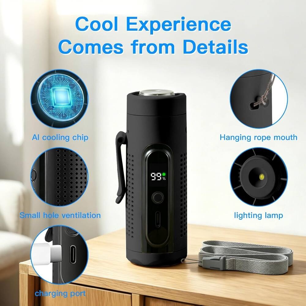 Cool Experience Comes from Details  
AI cooling chip  
Hanging rope mouth  
Small hole ventilation  
Lighting lamp  
Charging port