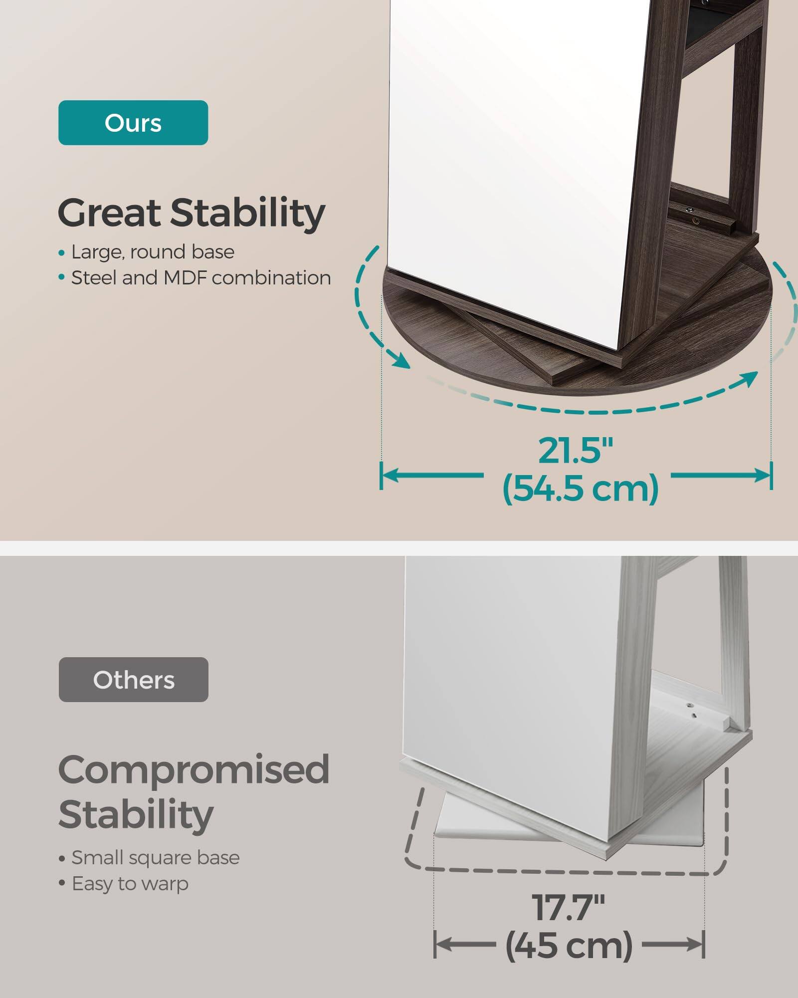**Ours**

- Great Stability
  - Large, round base
  - Steel and MDF combination
  - 21.5" (54.5 cm)

**Others**

- Compromised Stability
  - Small square base
  - Easy to warp
  - 17.7" (45 cm)