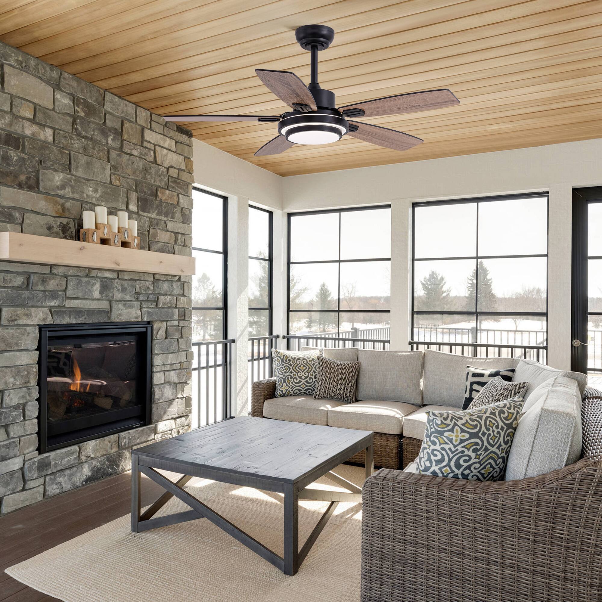 Left. Siljoy - 42-in Black Ceiling Fan with LED Light, Dual Sided Reversible Blades in Black and Oak, Comes with Remote Control - Black.