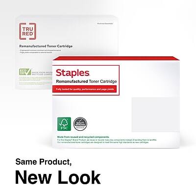 TRU RED  
Remanufactured Toner Cartridge  
ECO XD  
Staples Remanufactured Toner Cartridge  
fully tested for quality performance and page yields  
LOCALITY  
FSC  
Made from reused and recycled components  

Same Product, New Look