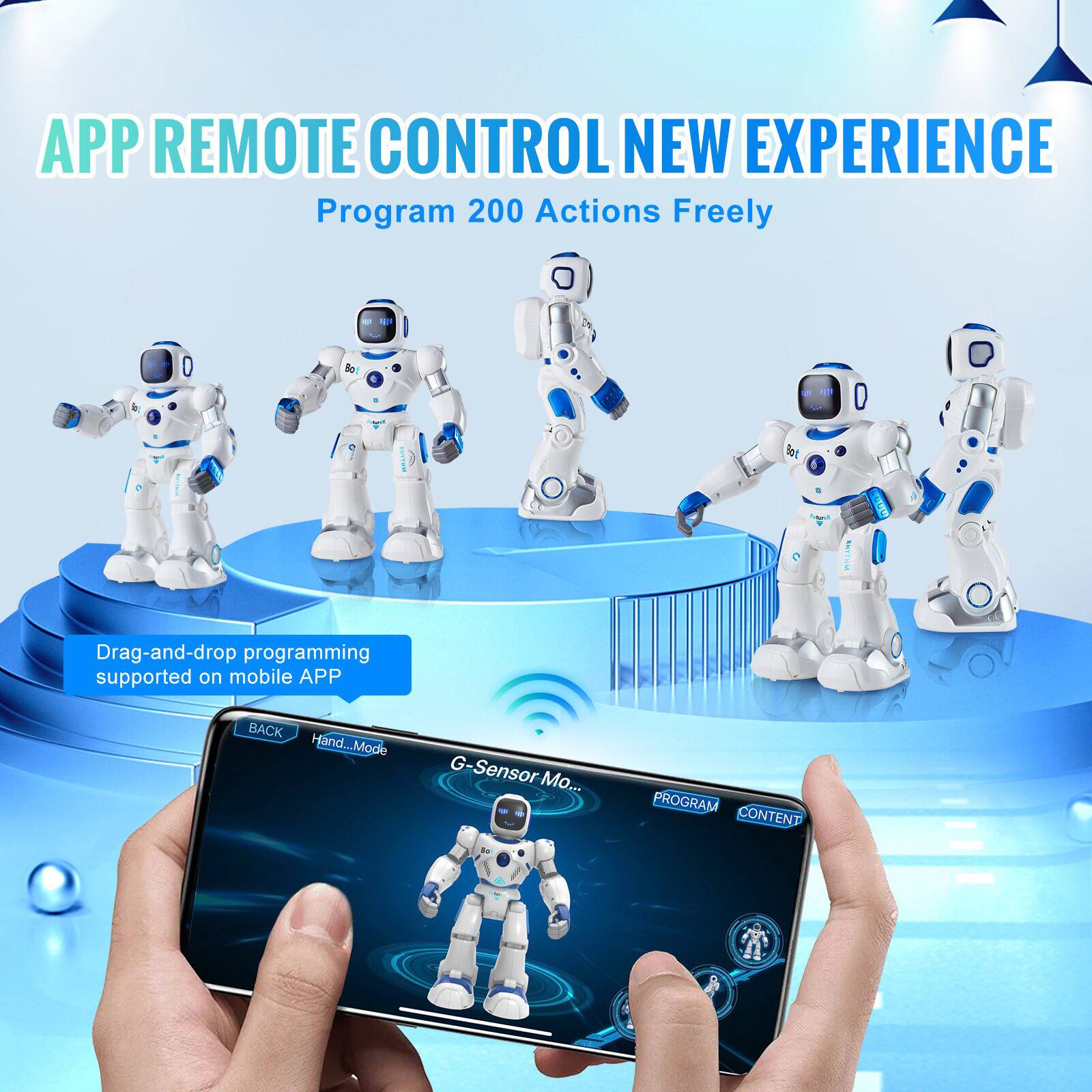 APP REMOTE CONTROL NEW EXPERIENCE  
Program 200 Actions Freely  

Drag-and-drop programming supported on mobile APP  

G-Sensor Mode  

PROGRAM CONTENT