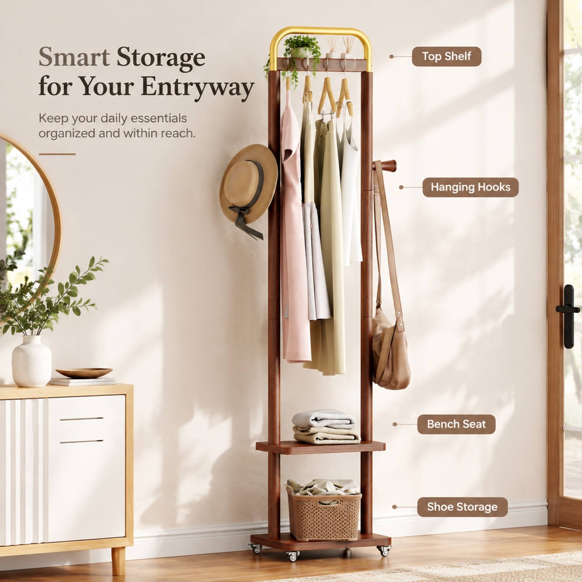 RYHNUYNE Solid Wood Coat Rack, 15.7 x 11.8 x 71 in, Finish, 4 Tier ...