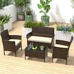 Costway 4 PCS Patio Furniture Set with Washable Cushions and Tempered Glass Coffee Table - Beige + Mix Brown