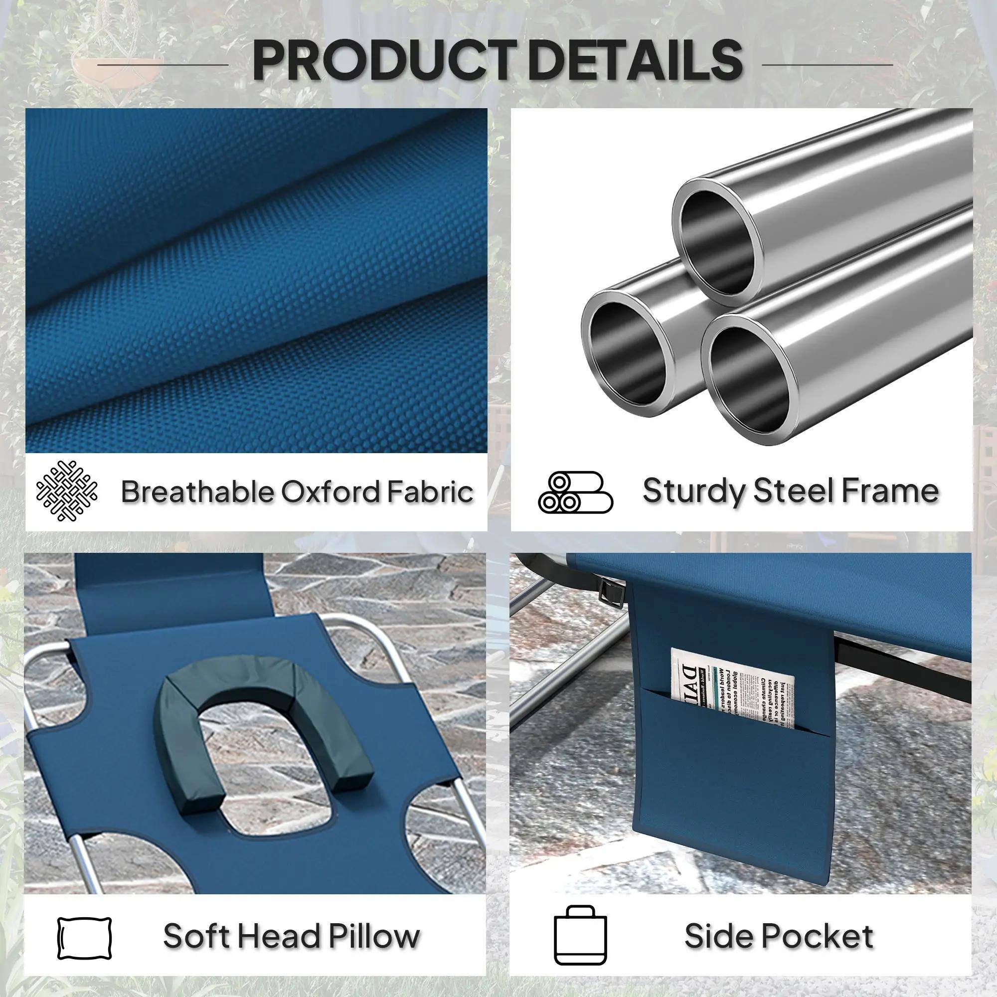 PRODUCT DETAILS

- Breathable Oxford Fabric
- Sturdy Steel Frame
- Soft Head Pillow
- Side Pocket