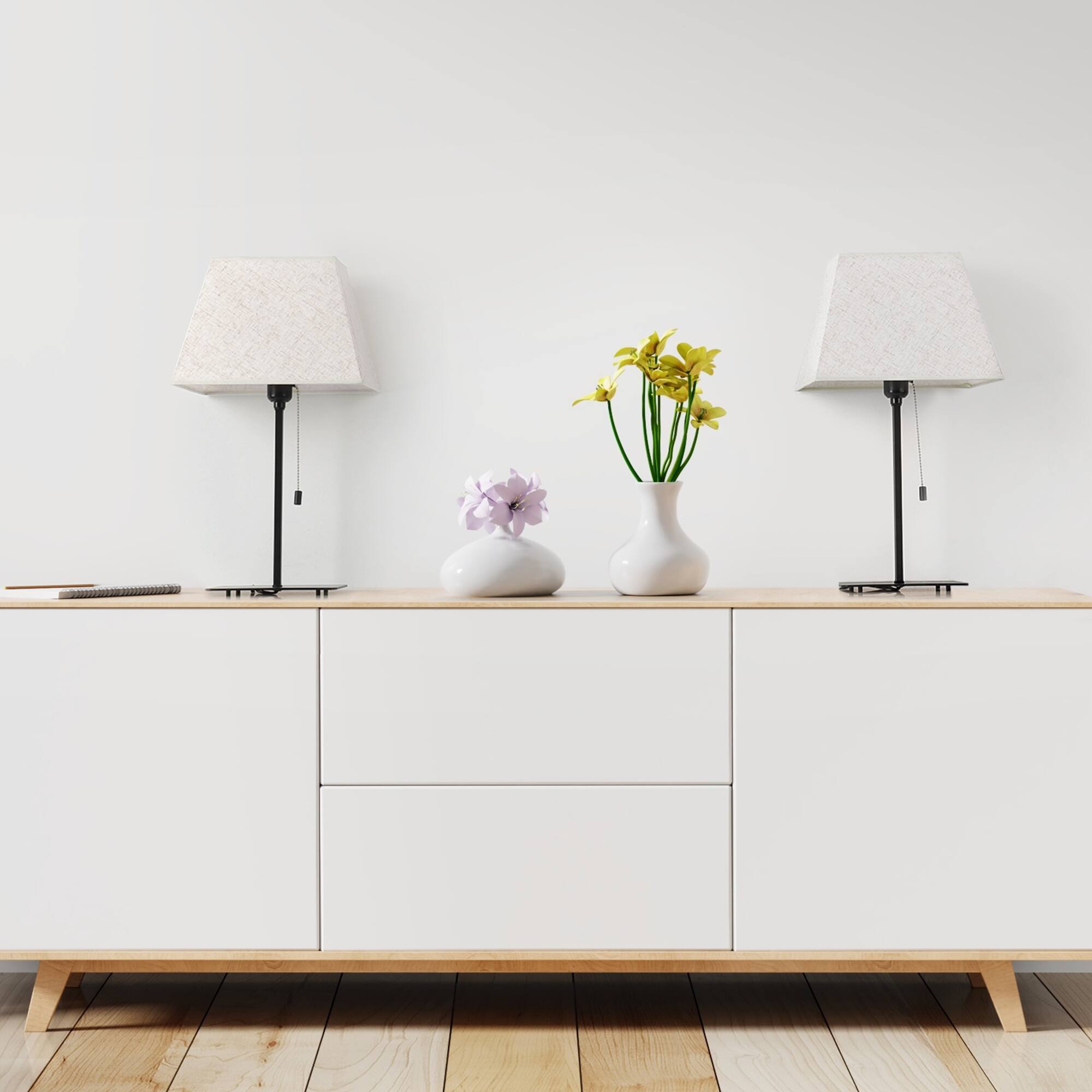 Alt View 1. Oumilen - 2-Piece Table Lamp Set with Rectangular Metal Base, Black Straight Rod and Beige Linen Shade.