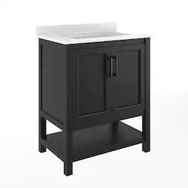 Flash Furniture - Vega 30" Bathroom Vanity with Sink, Storage Cabinet with Soft Close Doors & Open Shelf, Carrara Marble Finish Counter - Black