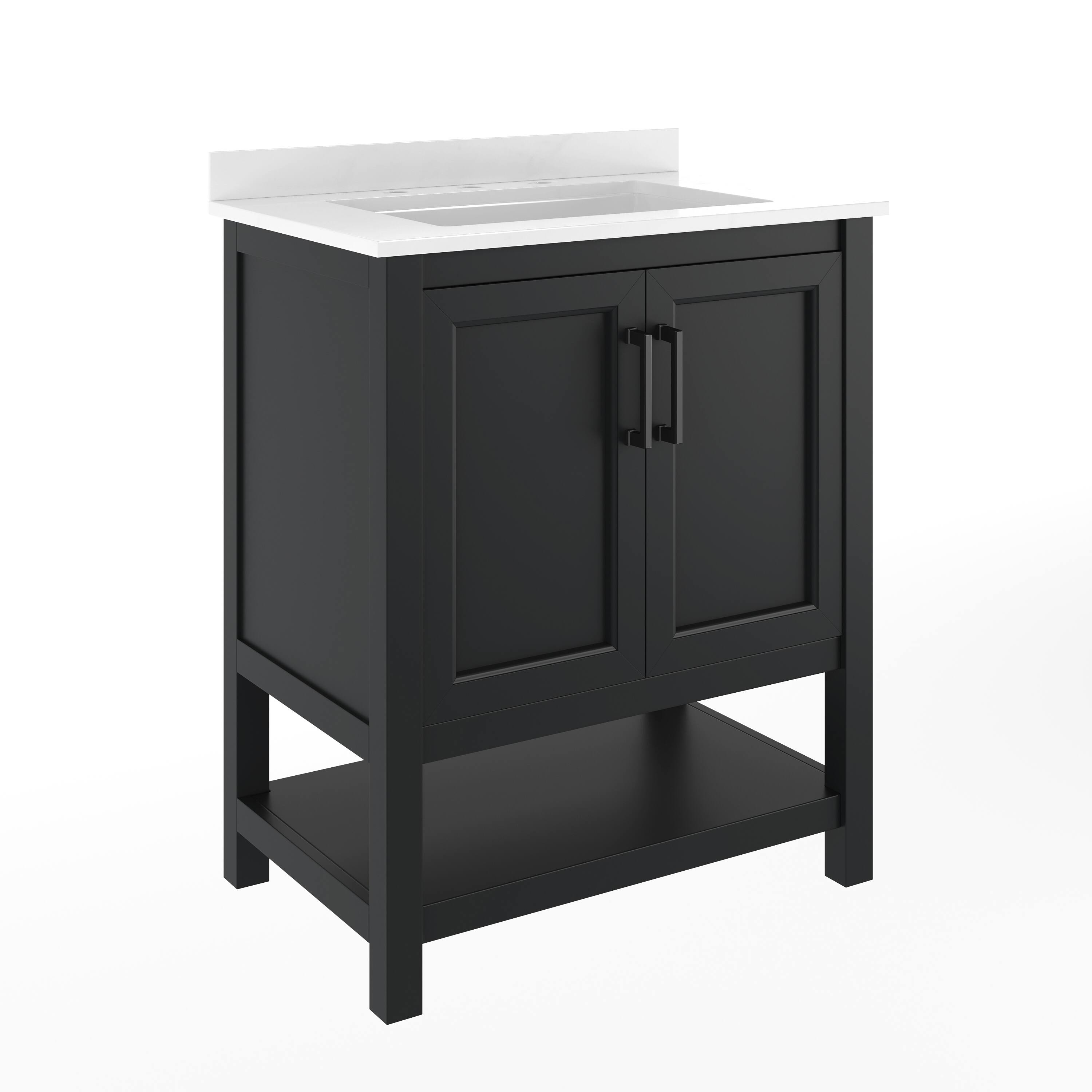 Alt View 1. Emma + Oliver - Vesta Bathroom Vanity, Single Sink Cabinet with 2 Soft Close Doors and Open Shelf, Carrara Marble Finish Countertop - Black Frame/Black Hardware.