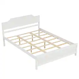 Costway - Queen Size Solid Wood Platform Bed Frame with Headboard, Wood Slat Support - White+Natural