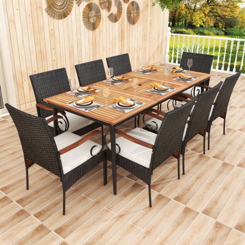 Left. Mondawe - 79 Inch Outdoor Dining Table and 8 Rattan-woven Dining Chairs with Acacia Wood Tabletop - Black.