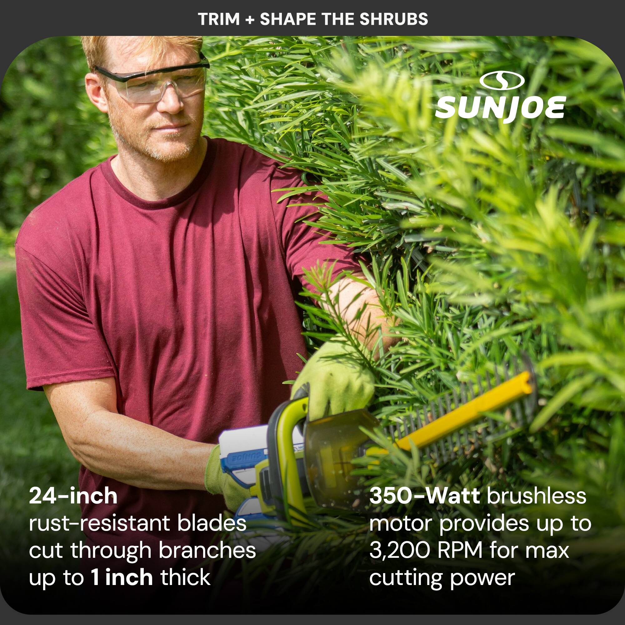 TRIM + SHAPE THE SHRUBS

SUNJOE

24-inch rust-resistant blades cut through branches up to 1 inch thick

350-Watt brushless motor provides up to 3,200 RPM for max cutting power