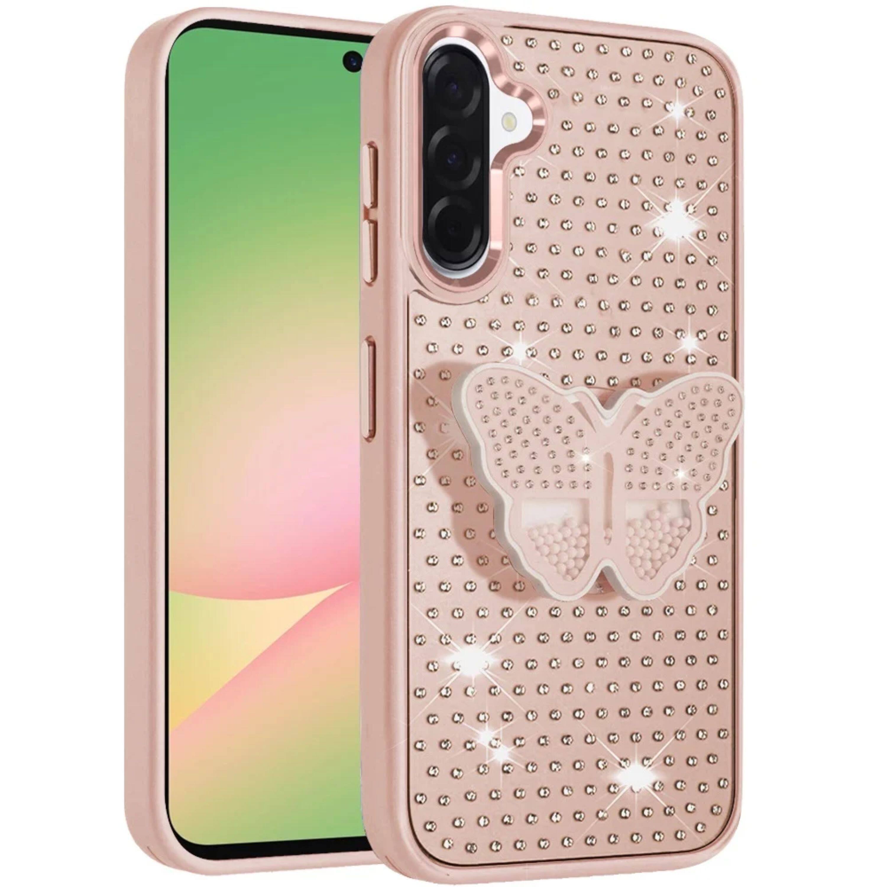 Left. Kitcheniva - Faux Crystals Butterfly Grip Stand Phone Case With Tempered Glass For Samsung Galaxy A57 5G Pink - Pink.