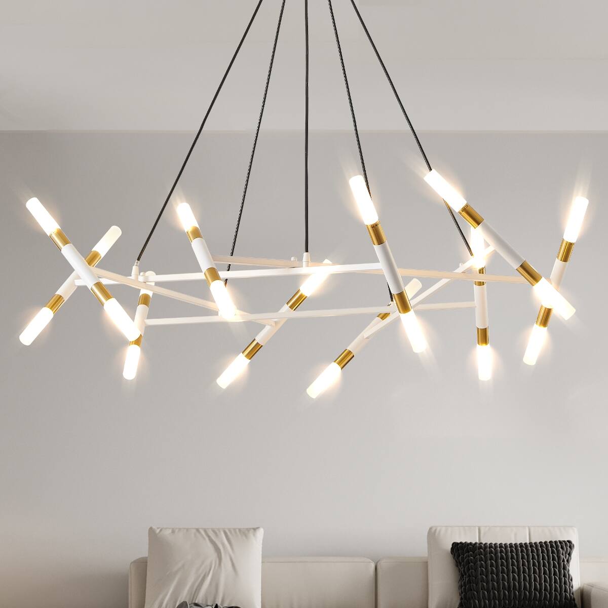Angle. Loheer - Loheer 41 Inch Modern Branch Chandelier White and Gold Frosted Tube Pendant Light.