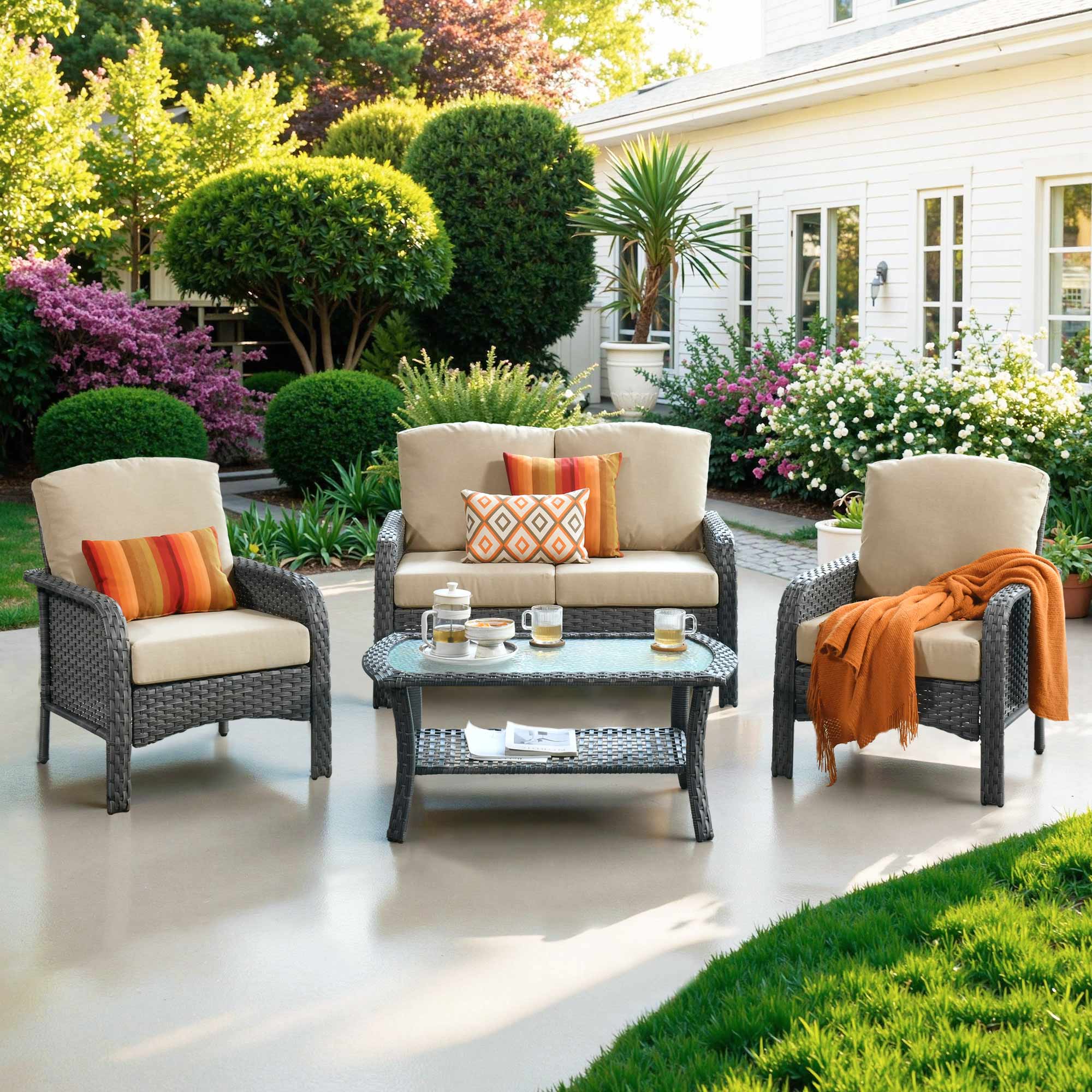 Front. Ovios - 4 PCS Patio Furniture Set, Outdoor Wicker Sofa with Armchairs & Coffee Table for Garden - Beige.