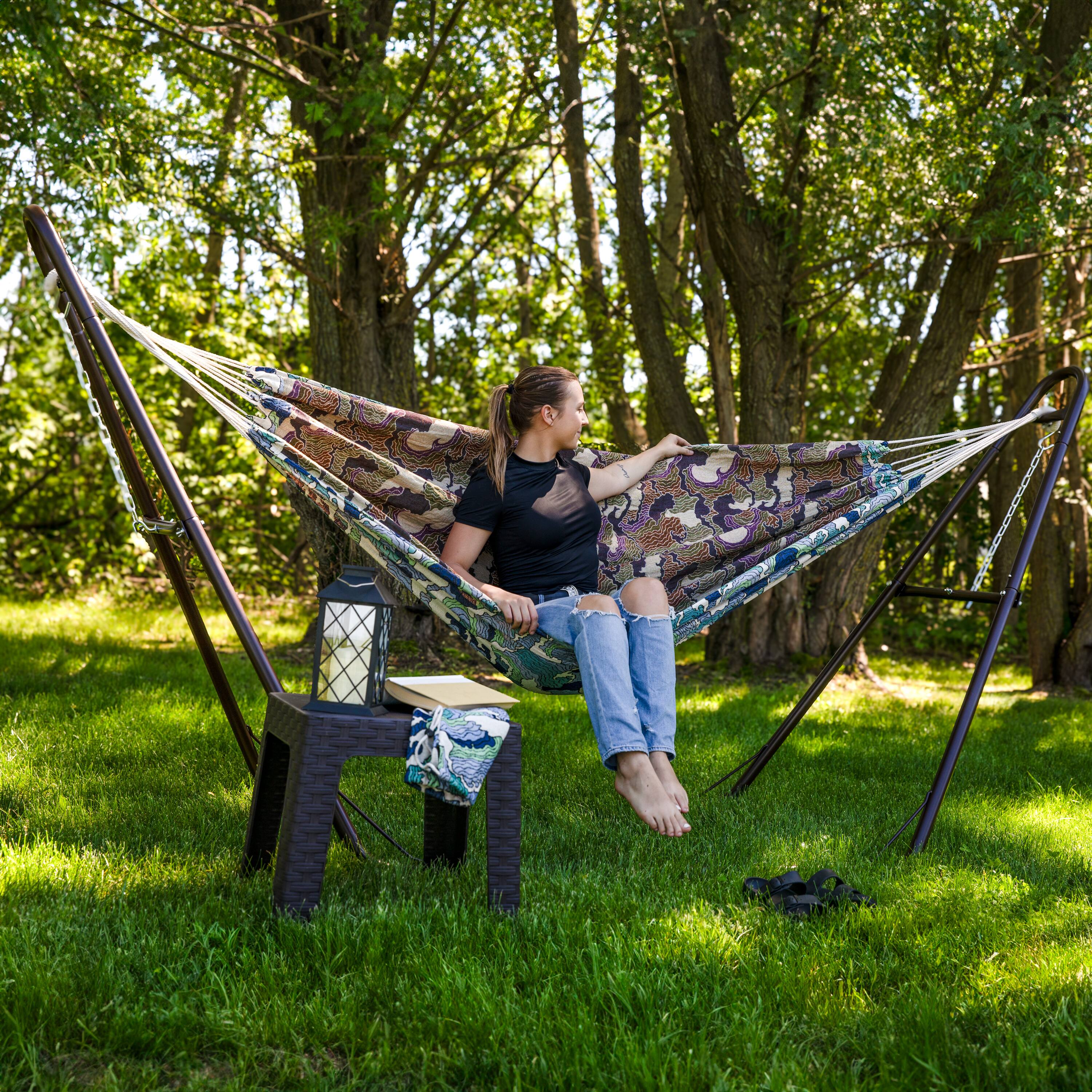 Alt View 3. Sunnydaze - 2-Person Polyester Jacquard Double Hammock - White-Capped Waves.