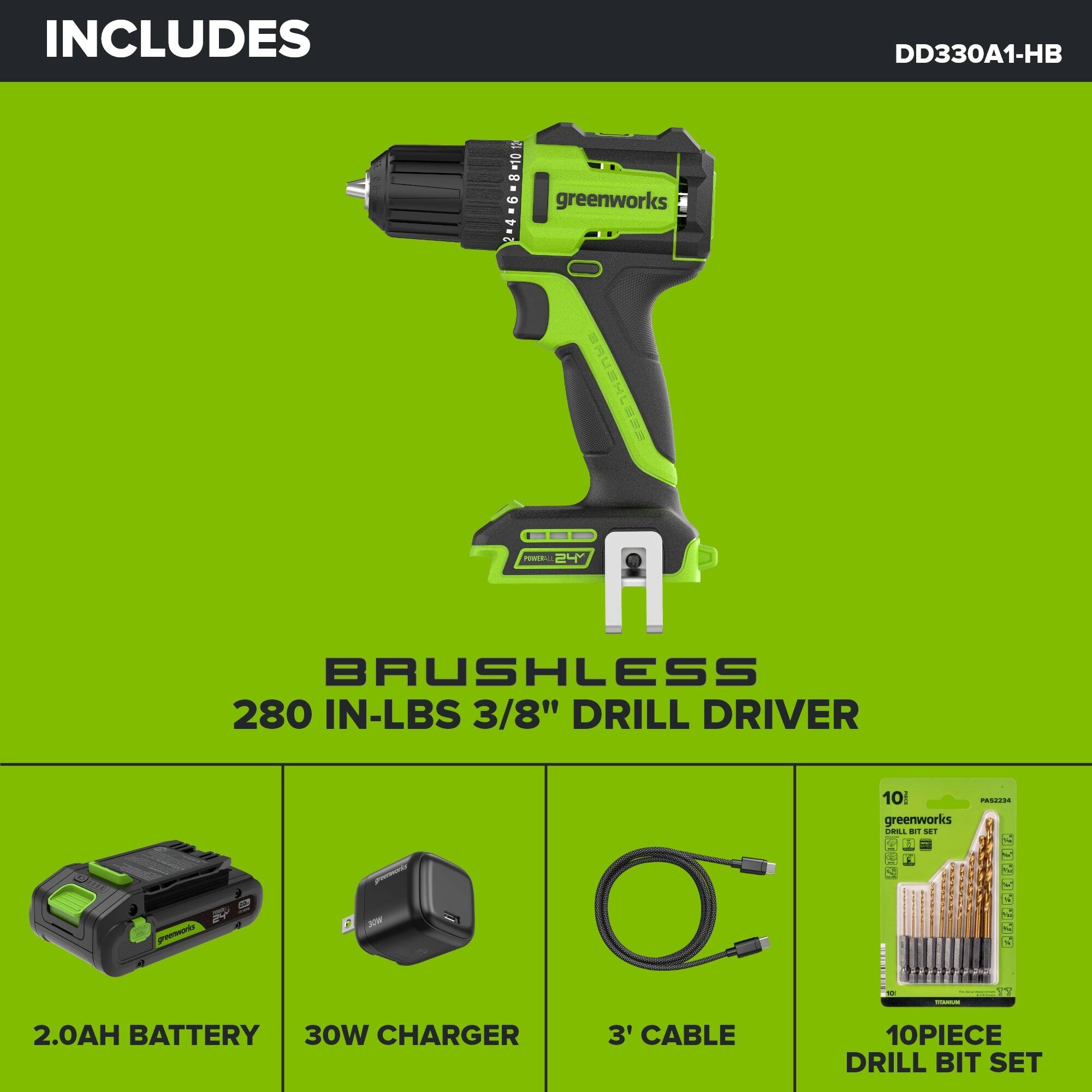 INCLUDES  
DD330A1-HB  

POWERALL MUS  
BRUSHLESS 280 IN-LBS 3/8" DRILL DRIVER  
10th PAS2224 greenworks DRILL TIS SET  

greenworks  
30w  
%: 0  

STARIUM  
2.0AH BATTERY 30W CHARGER  
3' CABLE  
10PIECE DRILL BIT SET