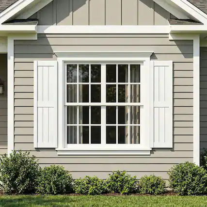 Front. Kadyn - Vertical Grain Faux Shutters, Weather-Resistant Elegance, for Enhanced Curb Appeal, 14"x43", White - White.