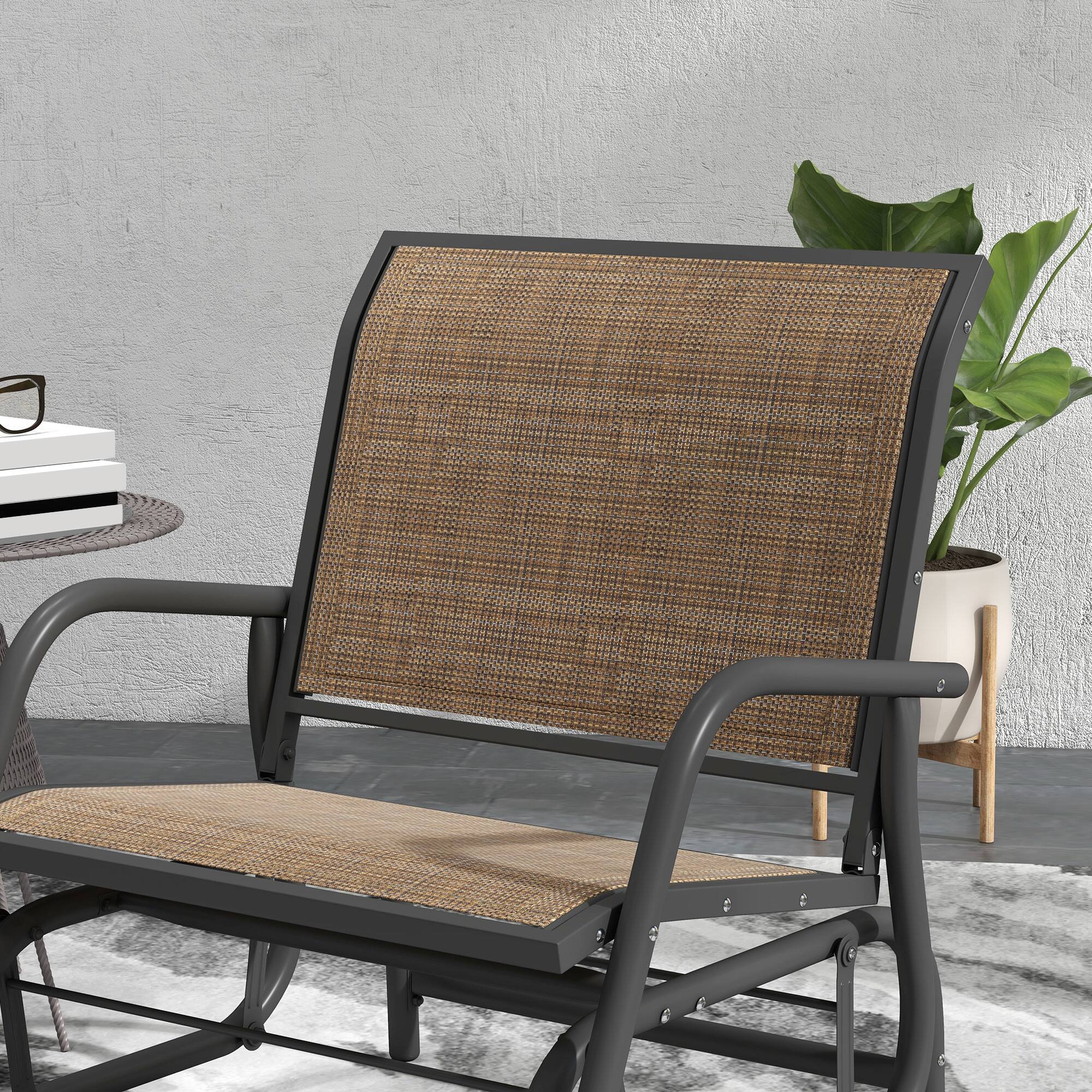 Alt View 4. Outsunny - Porch Glider Set of 2, Metal Frame Swing Glider Chair with Breathable Mesh Fabric, Curved Armrests and Steel Frame - Light Mixed Brown.