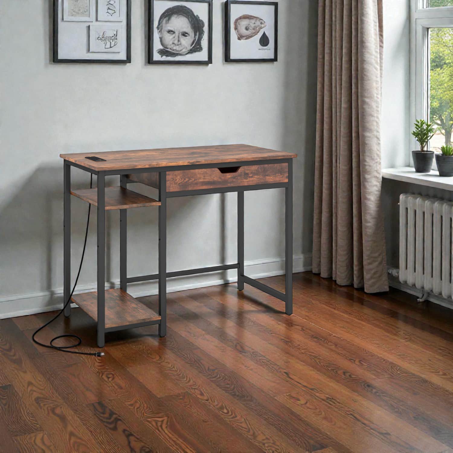 Hivvago - Study Desk with USB & AC Outlets, Sliding Drawer, and Adjustable Storage Shelf - Rustic Brown