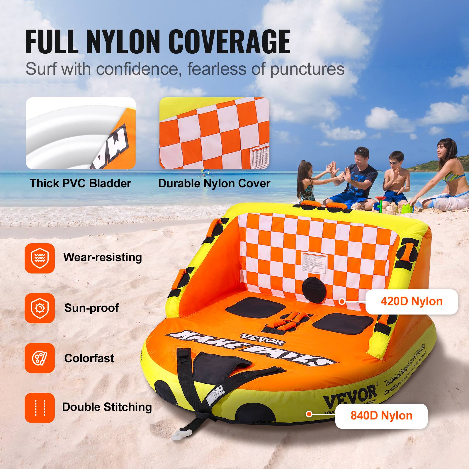 FULL NYLON COVERAGE Surf with confidence, fearless of punctures
Thick PVC Bladder
Durable Nylon Cover
Wear-resisting
Sun-proof
Colorfast
Double Stitching
420D Nylon
840D Nylon