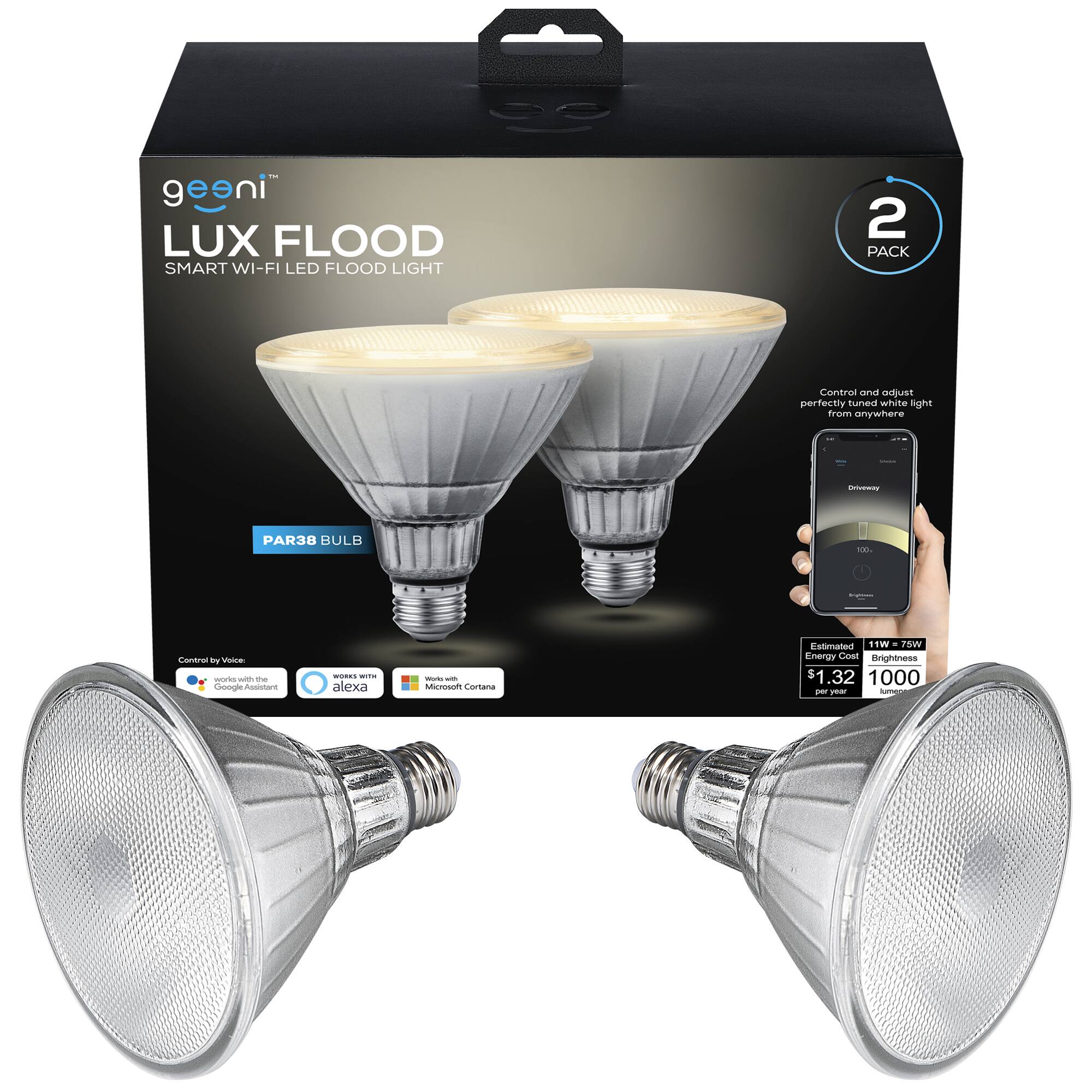 Front. Geeni - LUX Smart Wi-Fi Floodlight Bulbs (2-Pack) - White.