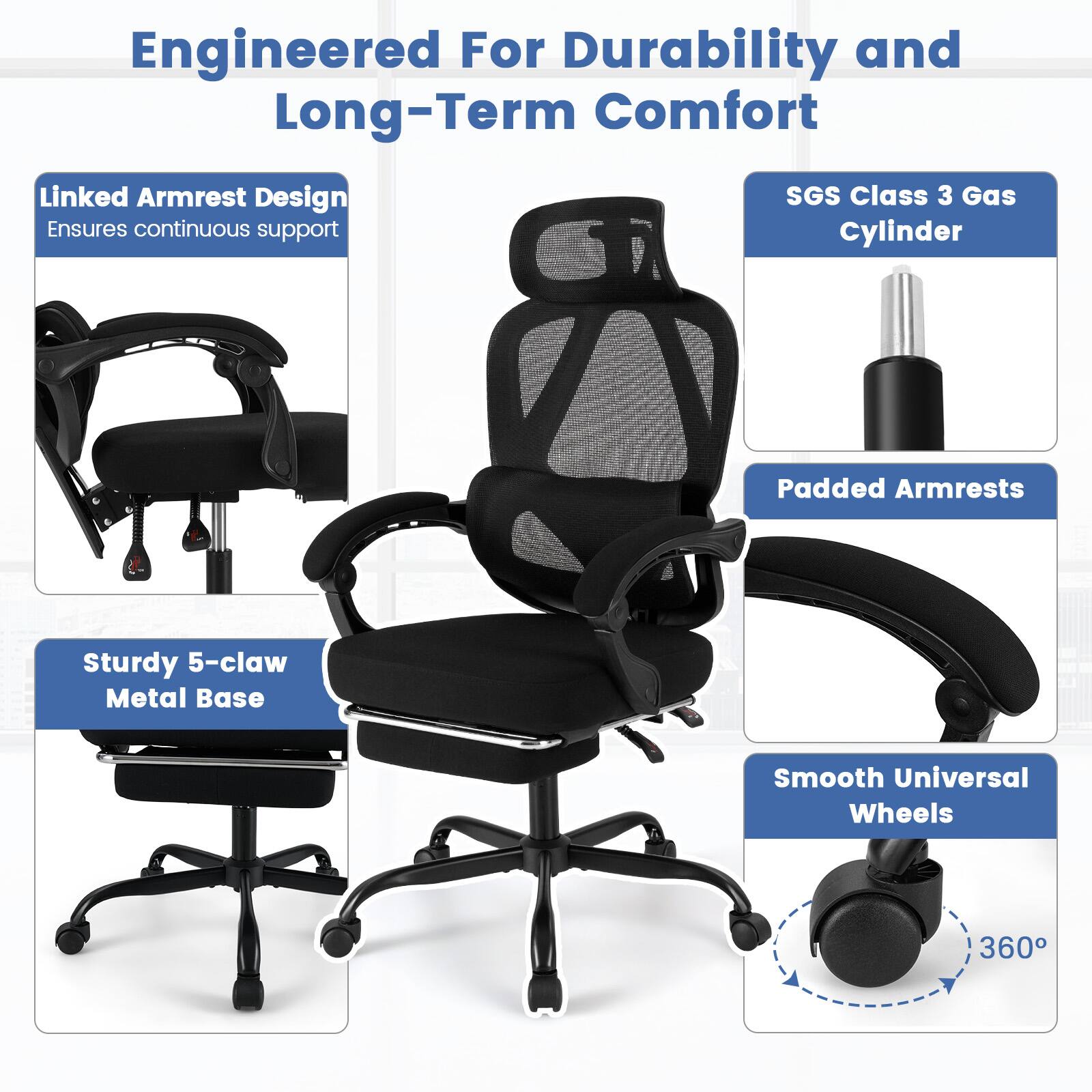 Engineered For Durability and Long-Term Comfort

- Linked Armrest Design Ensures continuous support
- SGS Class 3 Gas Cylinder
- Padded Armrests
- Sturdy 5-claw Metal Base
- Smooth Universal Wheels
- 360°